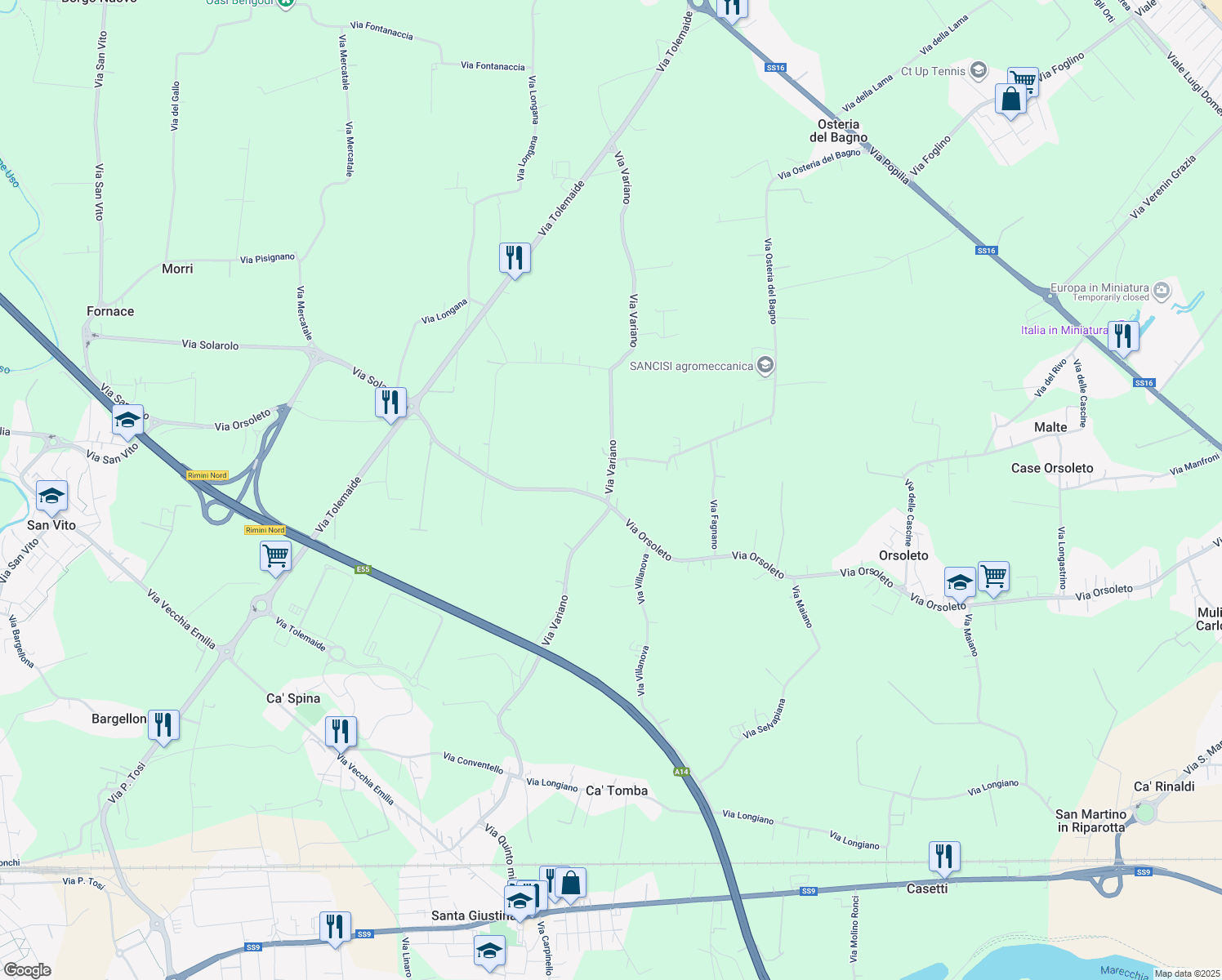 map of restaurants, bars, coffee shops, grocery stores, and more near 241 Via Orsoleto in Provincia di Rimini