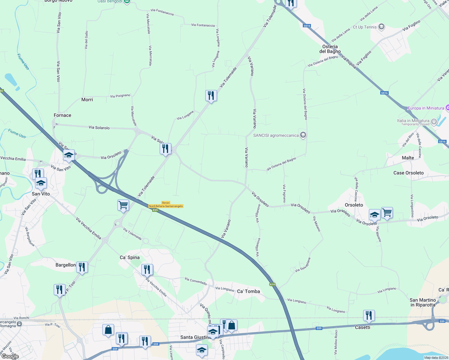 map of restaurants, bars, coffee shops, grocery stores, and more near 198 Via Orsoleto in Rimini