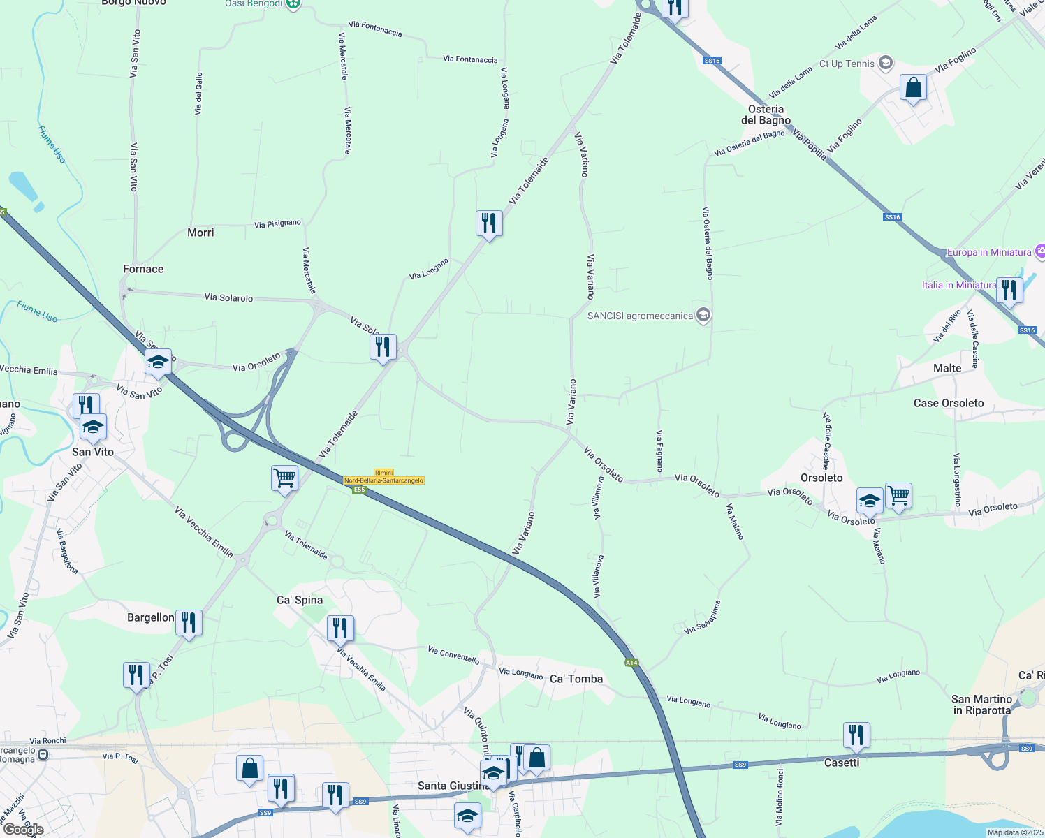 map of restaurants, bars, coffee shops, grocery stores, and more near 188 Via Orsoleto in Provincia di Rimini