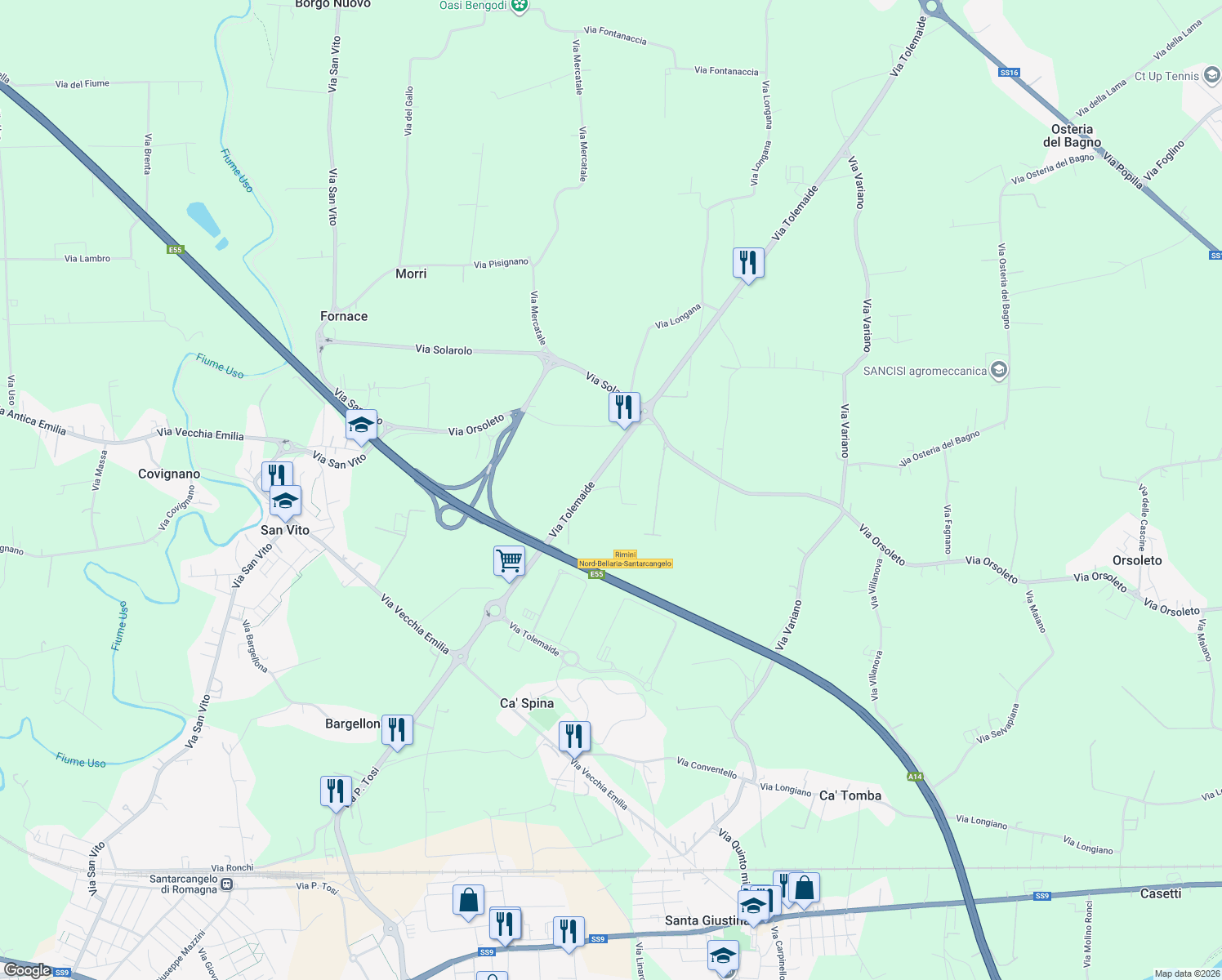 map of restaurants, bars, coffee shops, grocery stores, and more near 230 G Via Orsoleto in Rimini