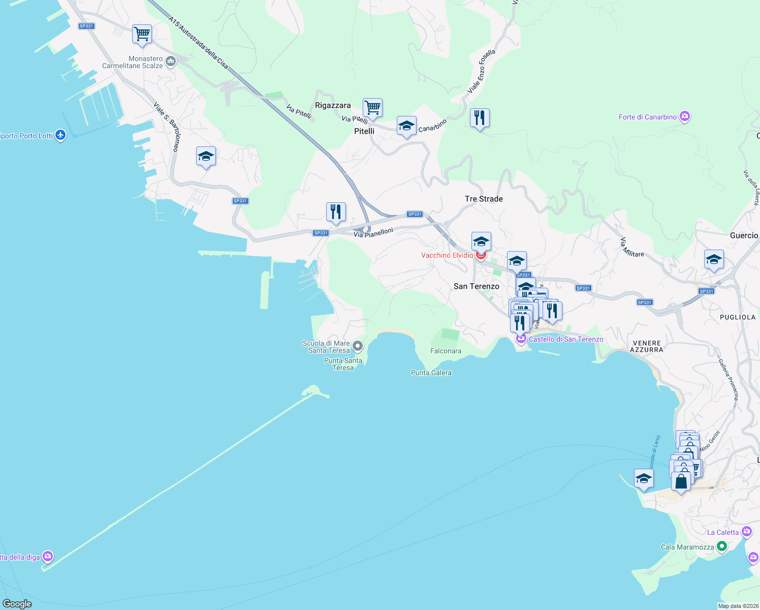 map of restaurants, bars, coffee shops, grocery stores, and more near 11 Via Santa Teresa in Lerici