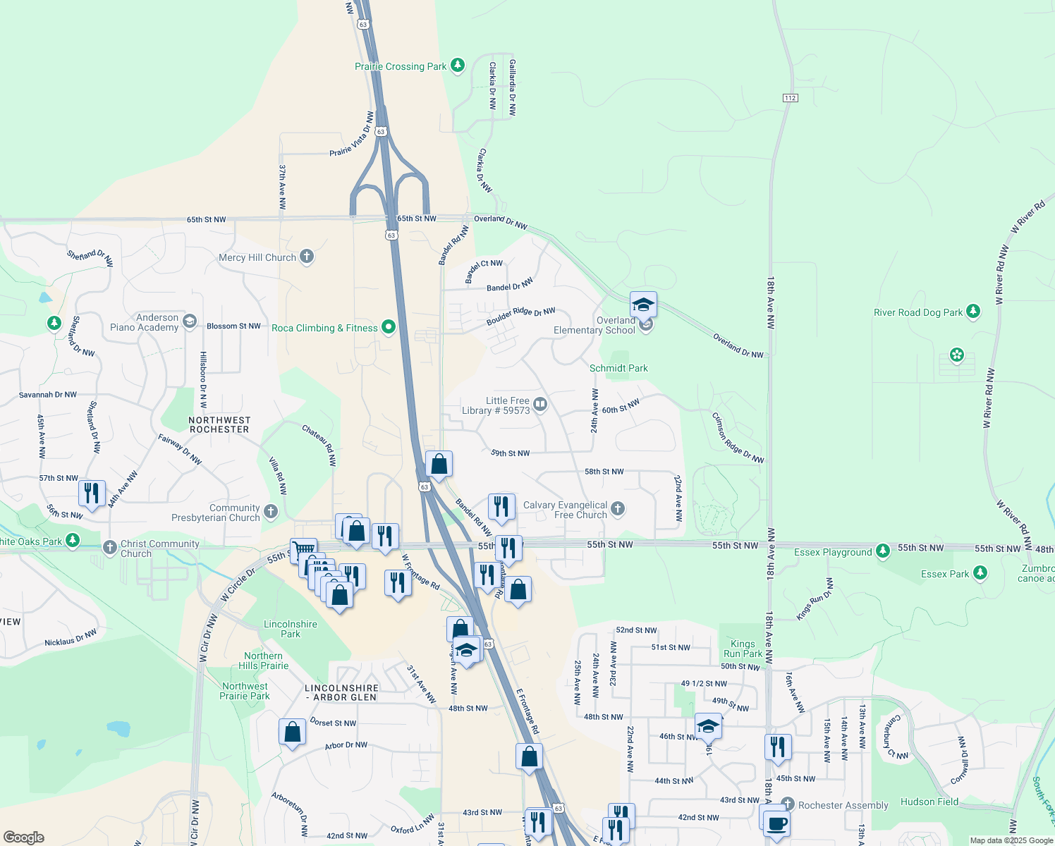 map of restaurants, bars, coffee shops, grocery stores, and more near 2619 60th Street Northwest in Rochester