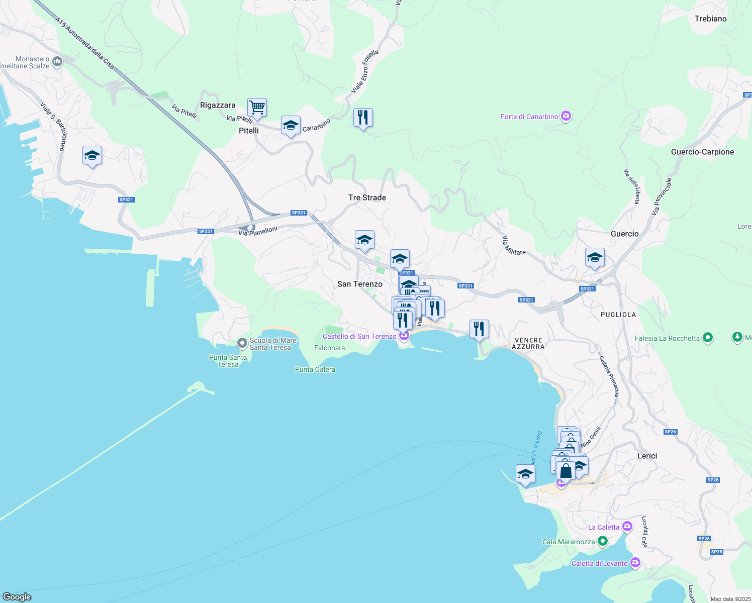 map of restaurants, bars, coffee shops, grocery stores, and more near 56 Via Giuseppe Garibaldi in Lerici