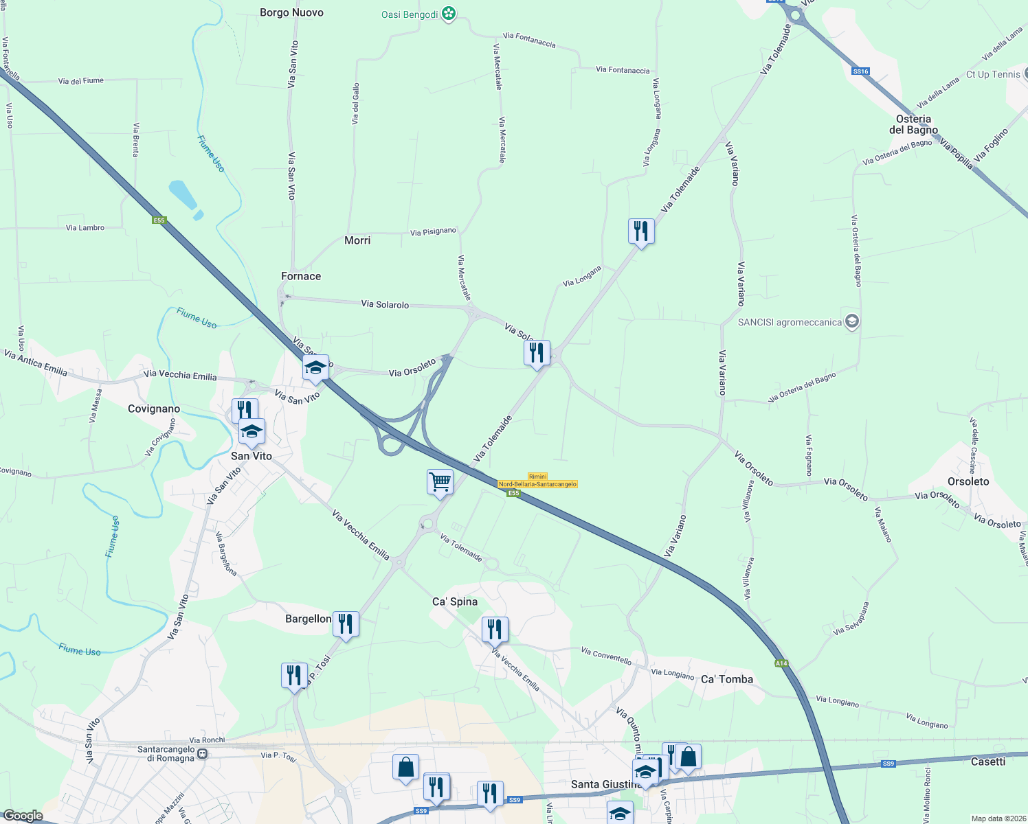 map of restaurants, bars, coffee shops, grocery stores, and more near 230 G Via Orsoleto in Rimini