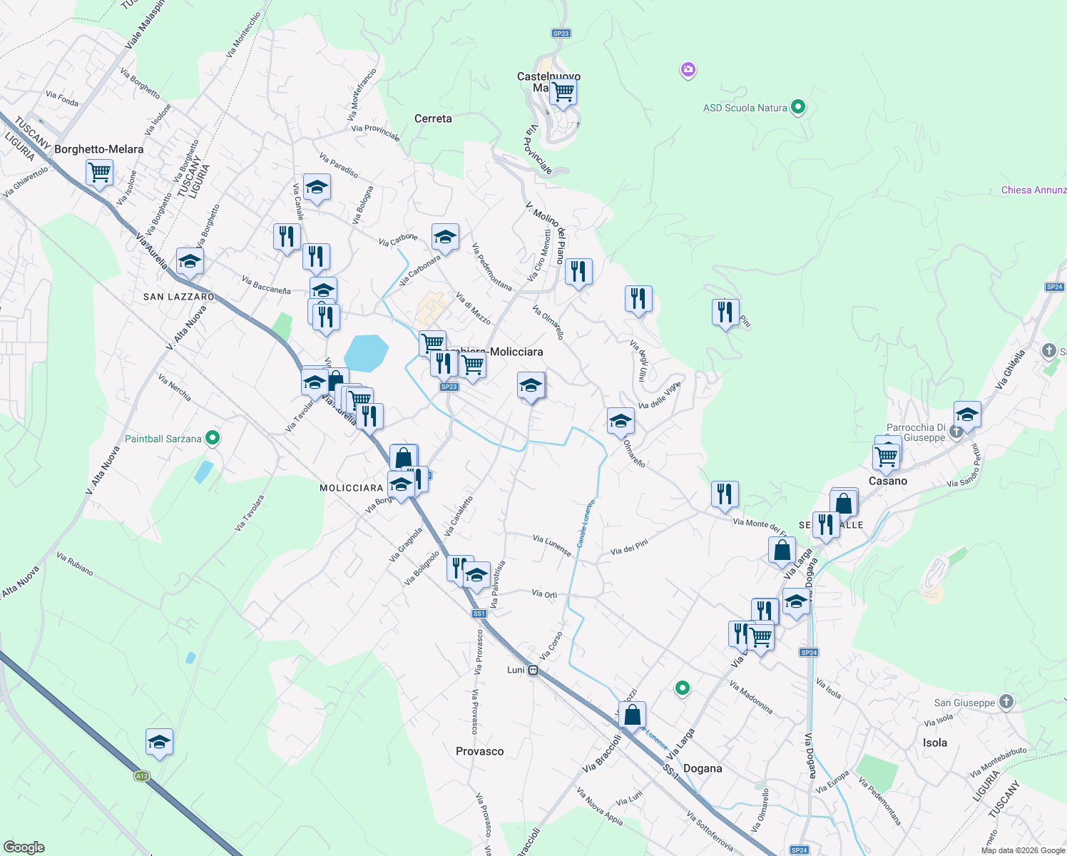 map of restaurants, bars, coffee shops, grocery stores, and more near 94 Via Palvotrisia in Colombiera-molicciara