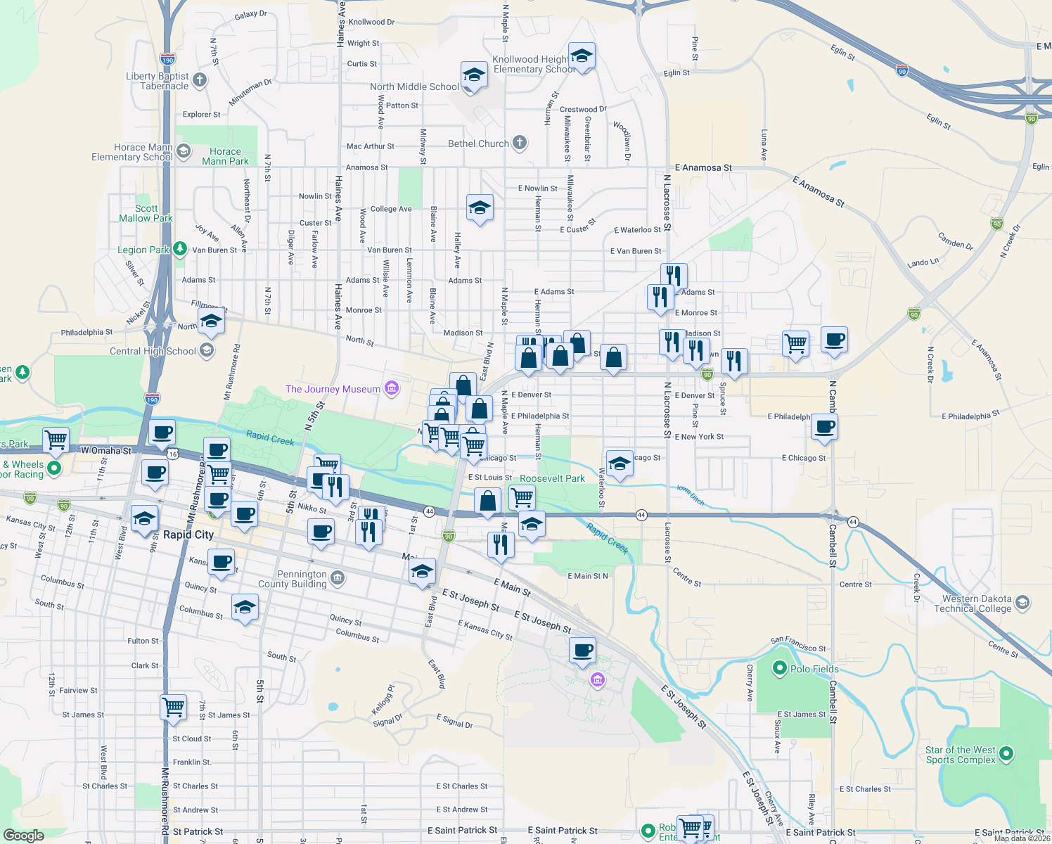 map of restaurants, bars, coffee shops, grocery stores, and more near 125 East Philadelphia Street in Rapid City