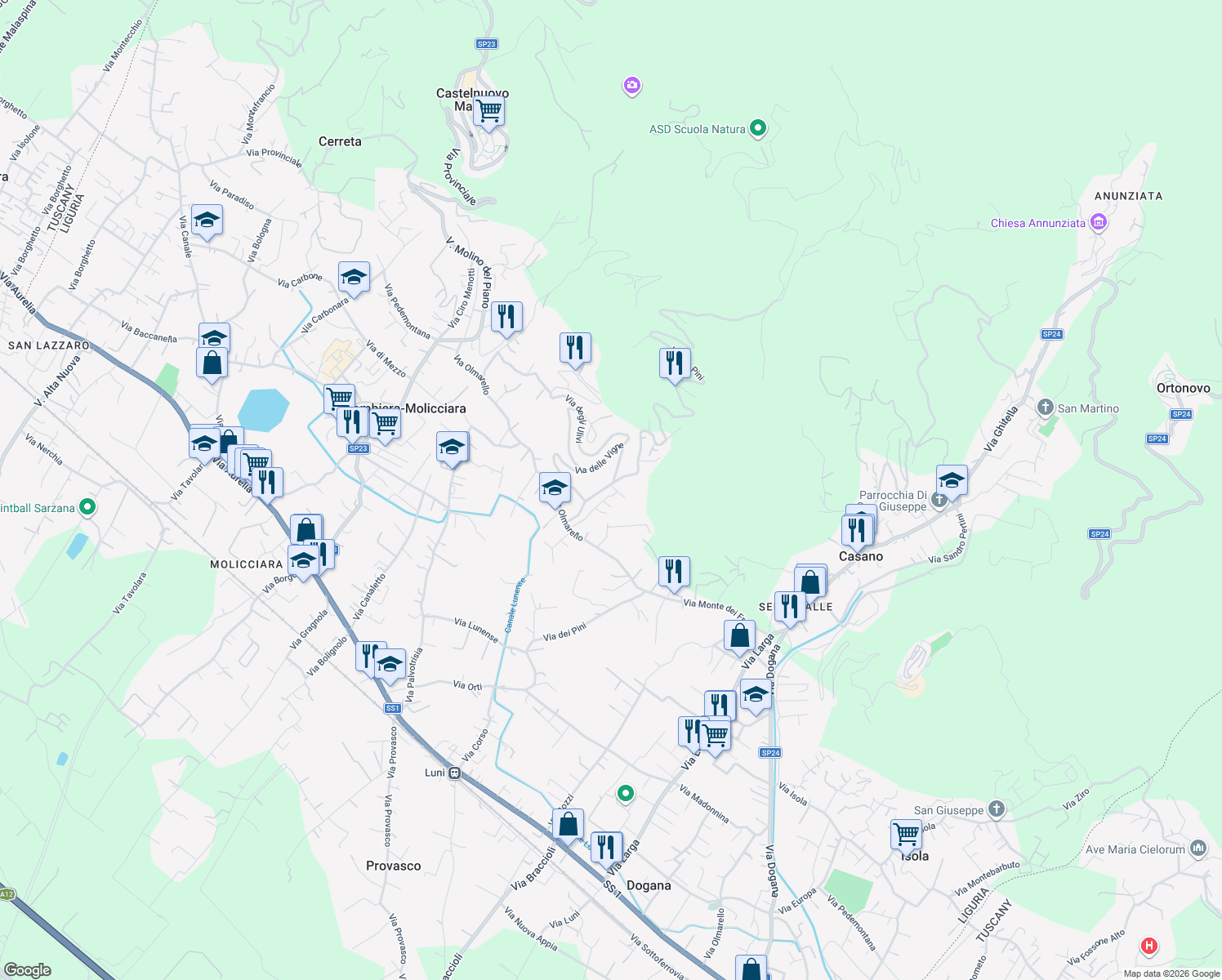 map of restaurants, bars, coffee shops, grocery stores, and more near 12 Via dei Pini in Colombiera-Molicciara