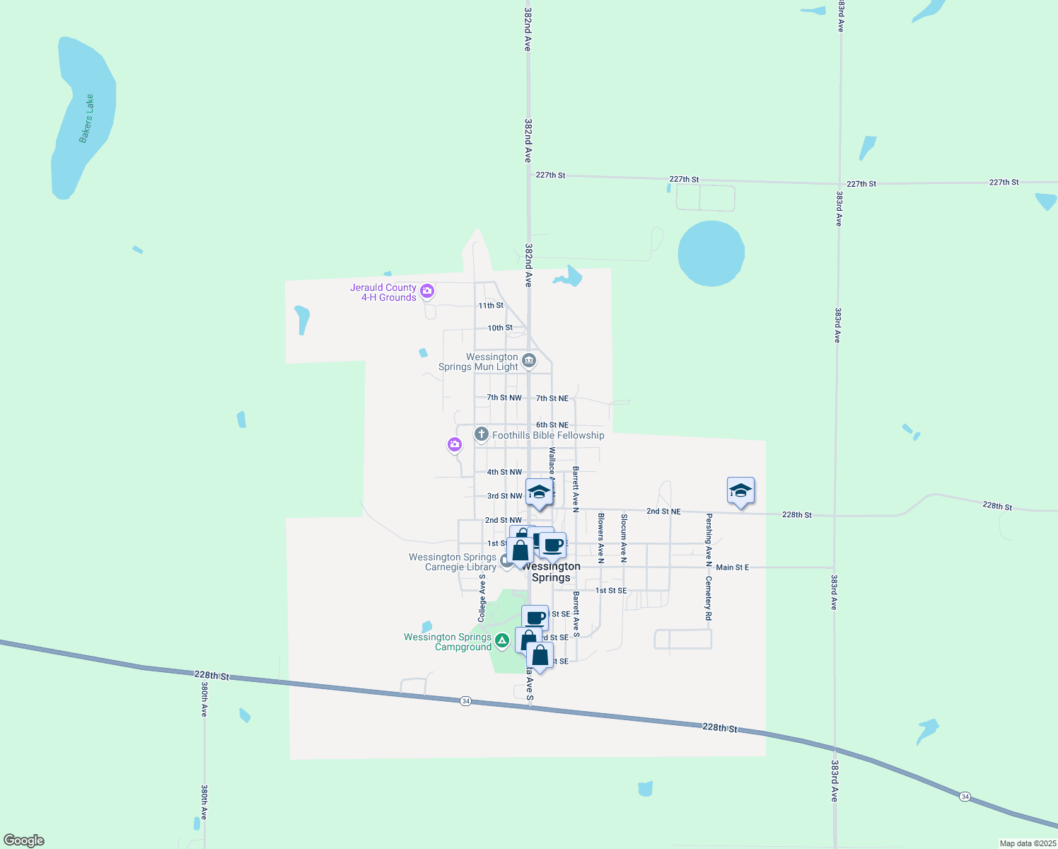 map of restaurants, bars, coffee shops, grocery stores, and more near 699 Dakota Ave N in Wessington Springs