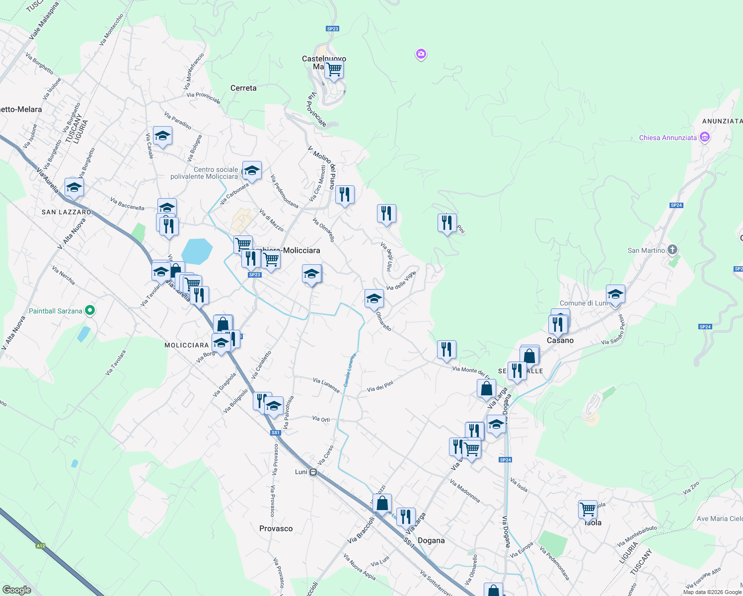 map of restaurants, bars, coffee shops, grocery stores, and more near 40 Via Olmarello in Colombiera-molicciara