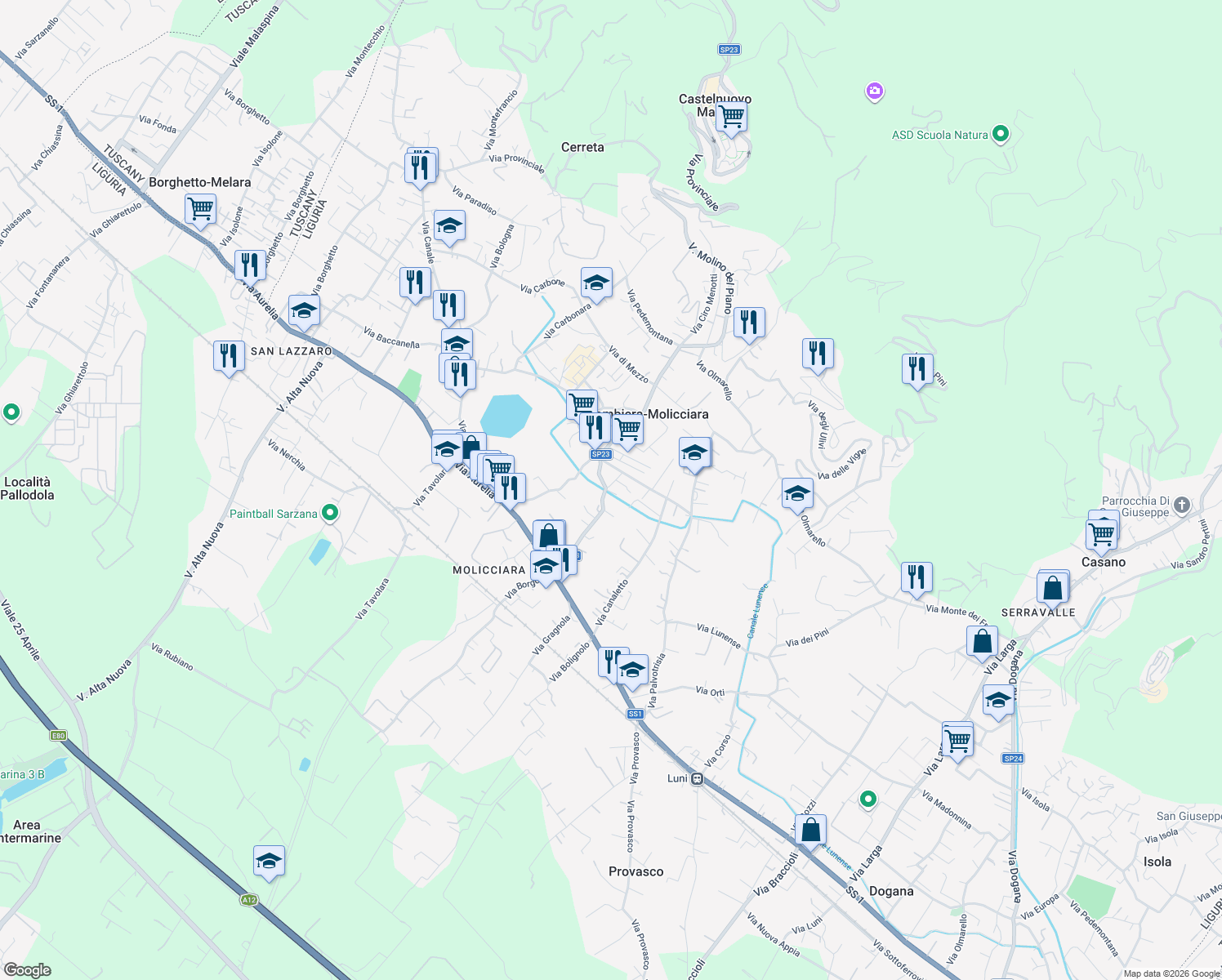 map of restaurants, bars, coffee shops, grocery stores, and more near 71-73 Via Salicello in Colombiera-molicciara