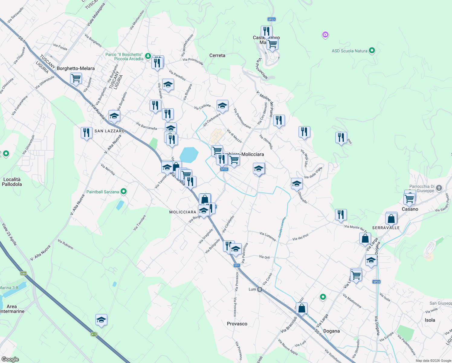 map of restaurants, bars, coffee shops, grocery stores, and more near 4 Via della Resistenza in Colombiera-molicciara