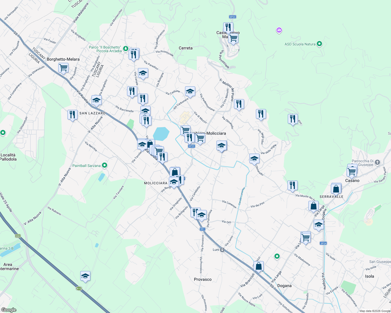 map of restaurants, bars, coffee shops, grocery stores, and more near 4 Via della Resistenza in Colombiera-molicciara