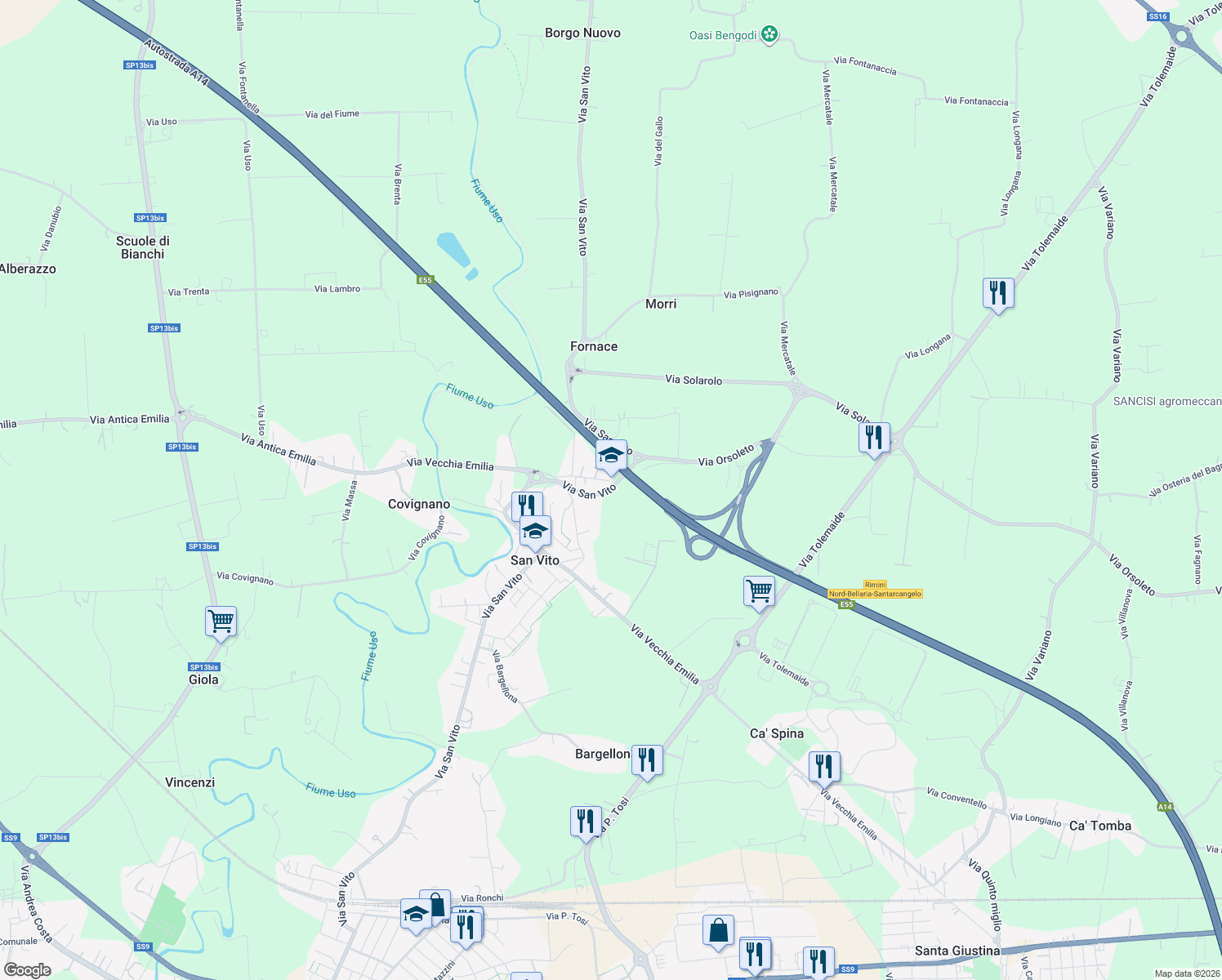 map of restaurants, bars, coffee shops, grocery stores, and more near Via San Vito in San Vito