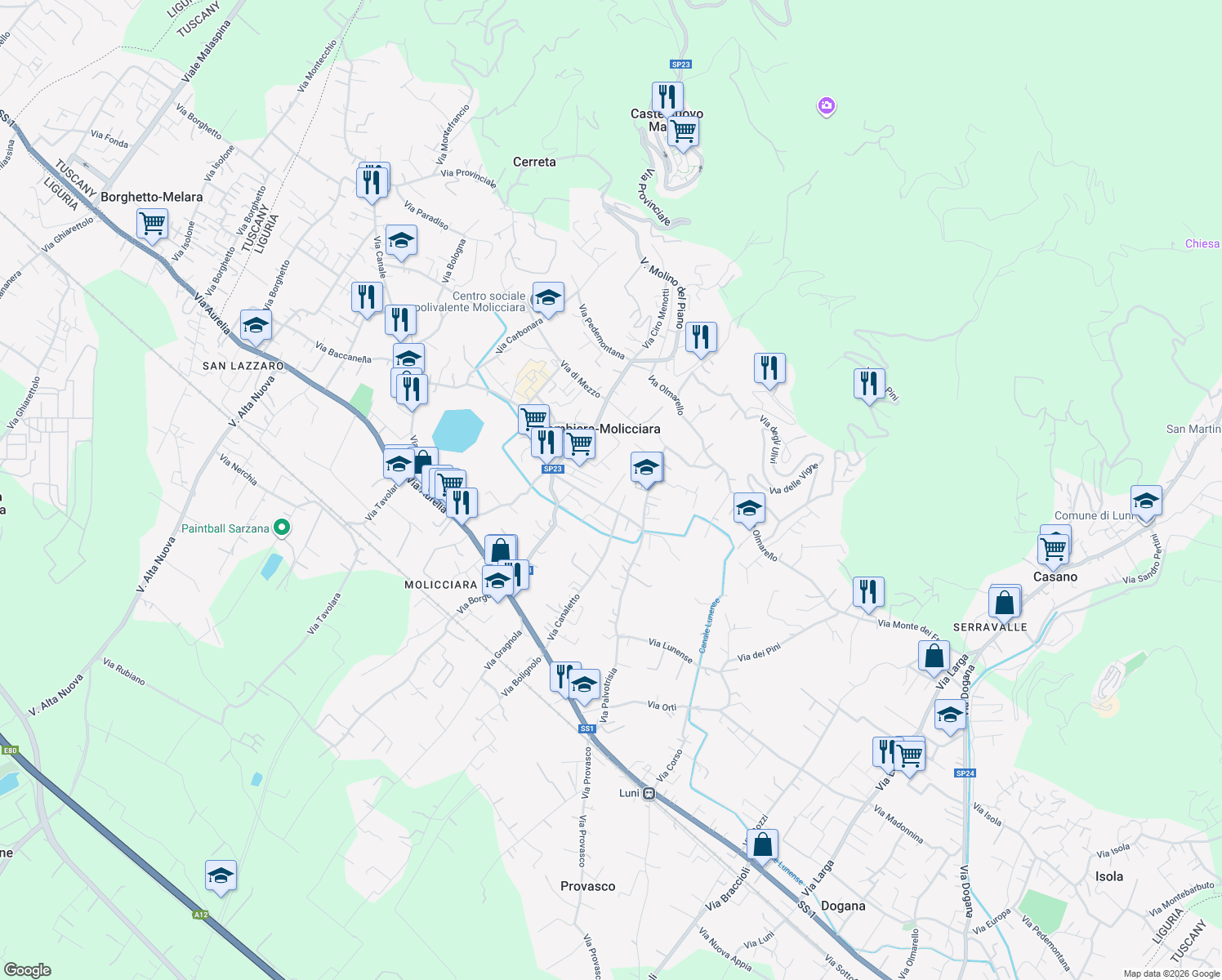 map of restaurants, bars, coffee shops, grocery stores, and more near 67 Via della Resistenza in Colombiera-molicciara