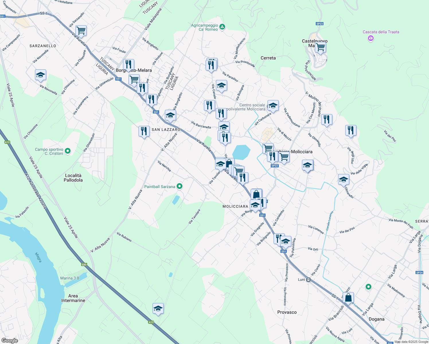 map of restaurants, bars, coffee shops, grocery stores, and more near 432 Strada Statale 1 in Sarzana