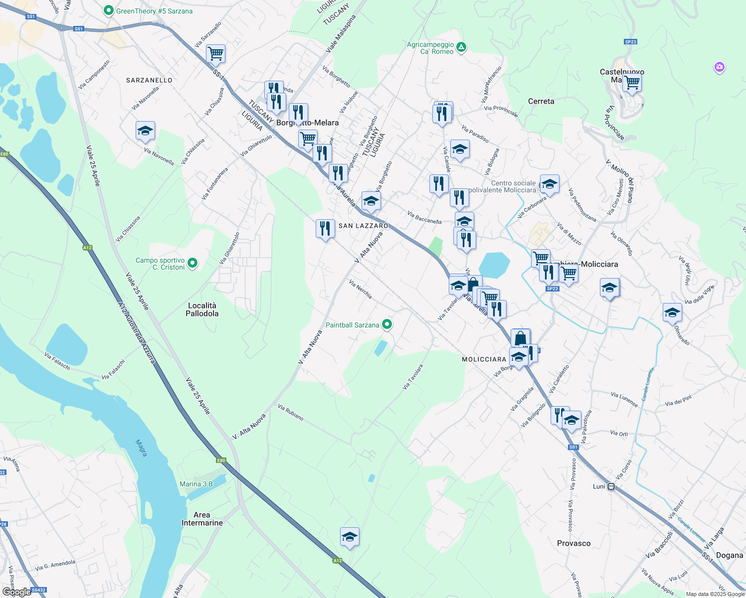 map of restaurants, bars, coffee shops, grocery stores, and more near 801 Via Nerchia in Sarzana