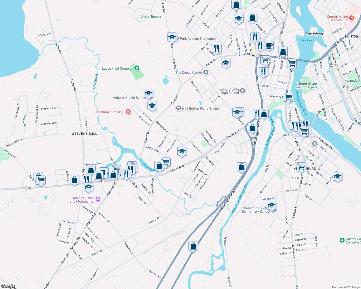 map of restaurants, bars, coffee shops, grocery stores, and more near 10 Fairview Court in Auburn