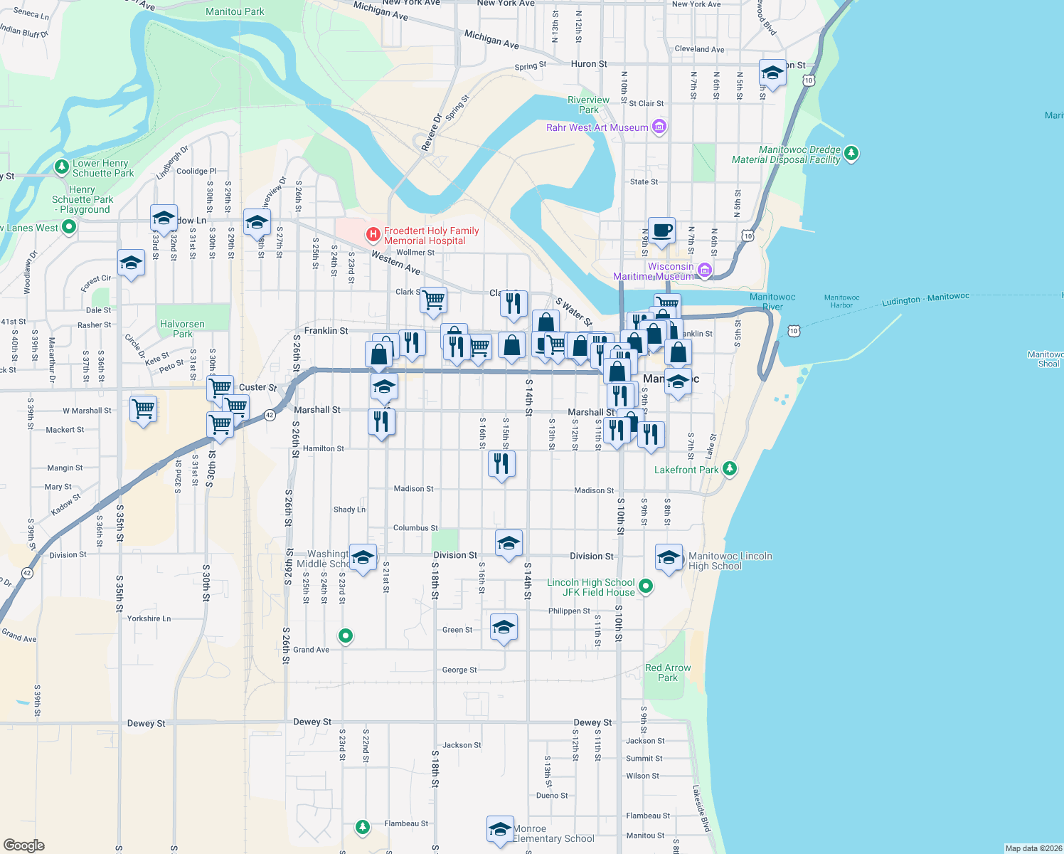 map of restaurants, bars, coffee shops, grocery stores, and more near 1115 South 14th Street in Manitowoc