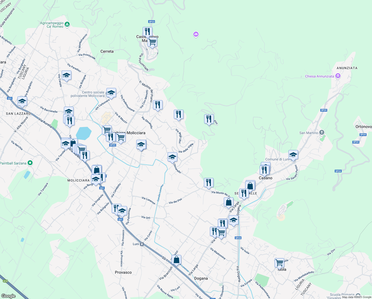 map of restaurants, bars, coffee shops, grocery stores, and more near 1 Via delle Vigne in Colombiera-molicciara