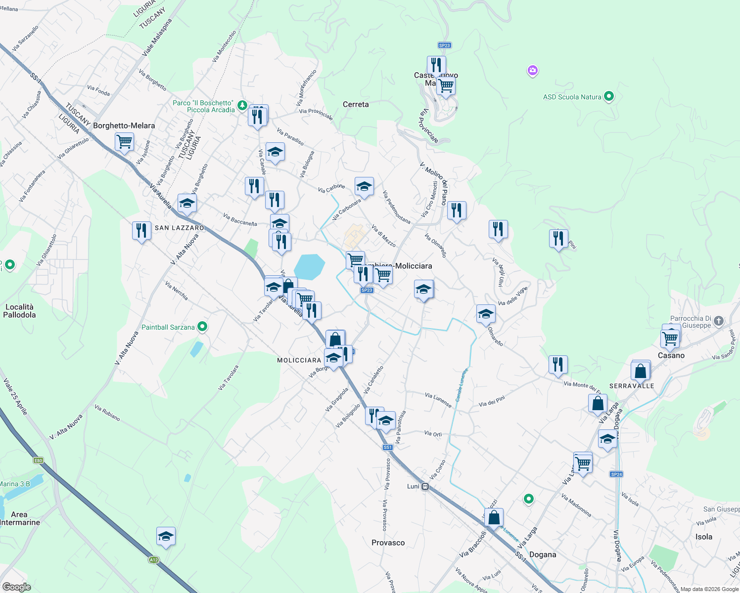 map of restaurants, bars, coffee shops, grocery stores, and more near 4 Via della Resistenza in Colombiera-Molicciara