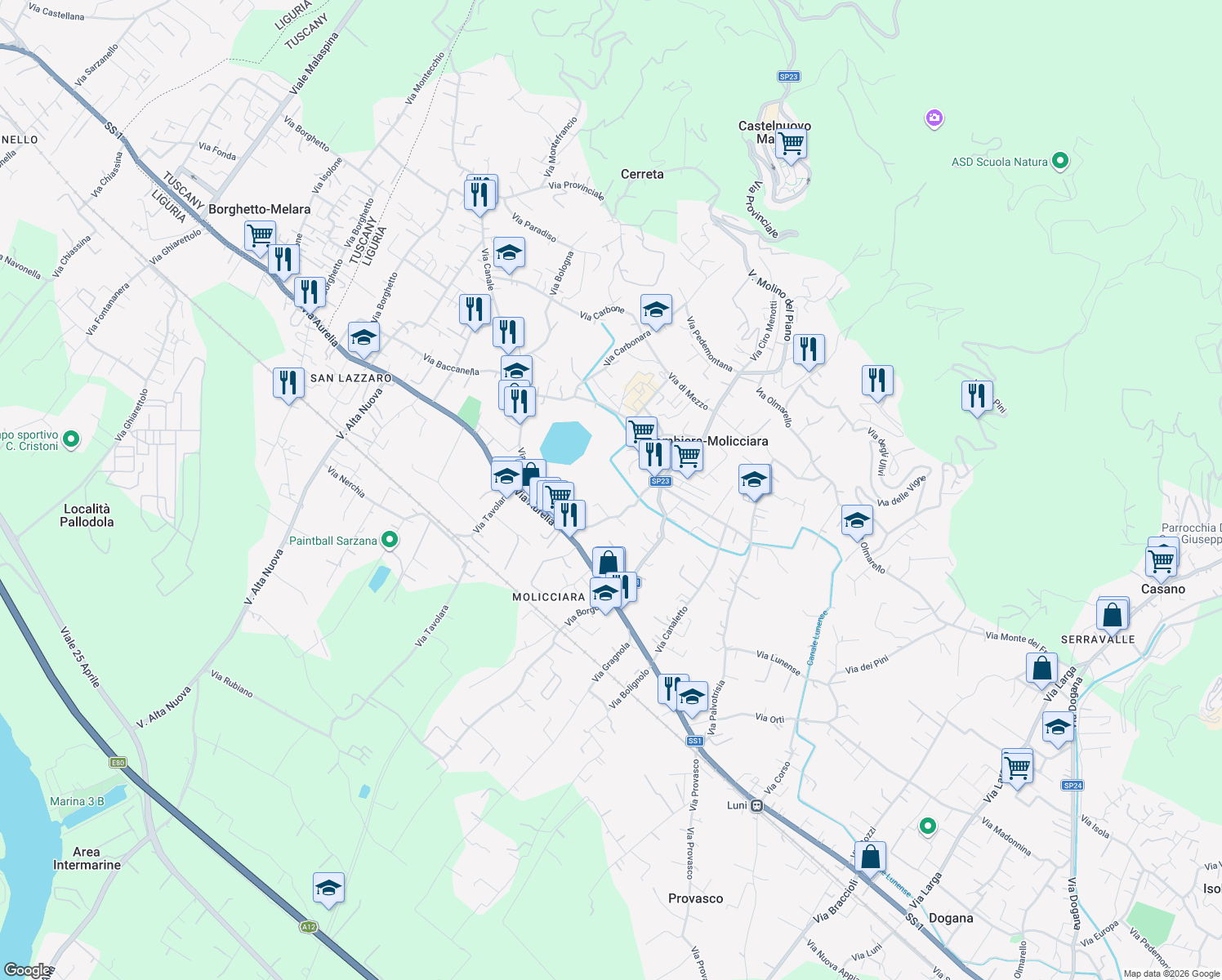 map of restaurants, bars, coffee shops, grocery stores, and more near 24 Via Gallico in Colombiera-molicciara