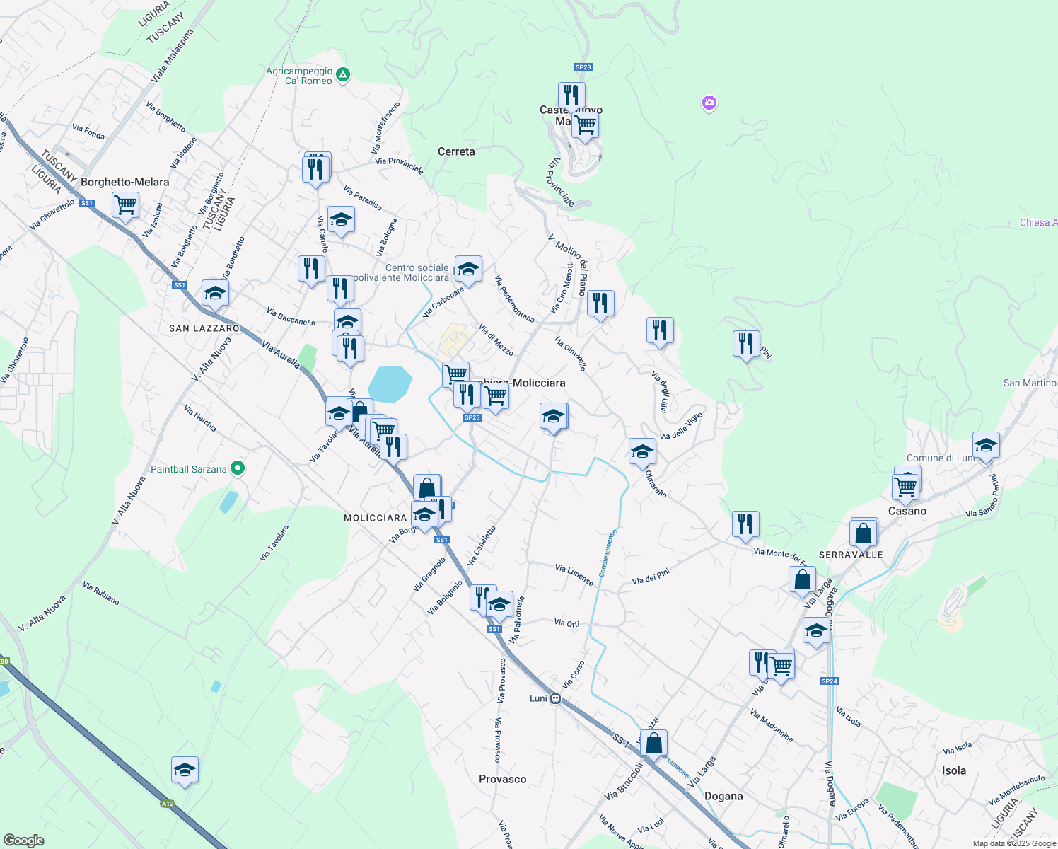 map of restaurants, bars, coffee shops, grocery stores, and more near 67 Via della Resistenza in Colombiera-molicciara