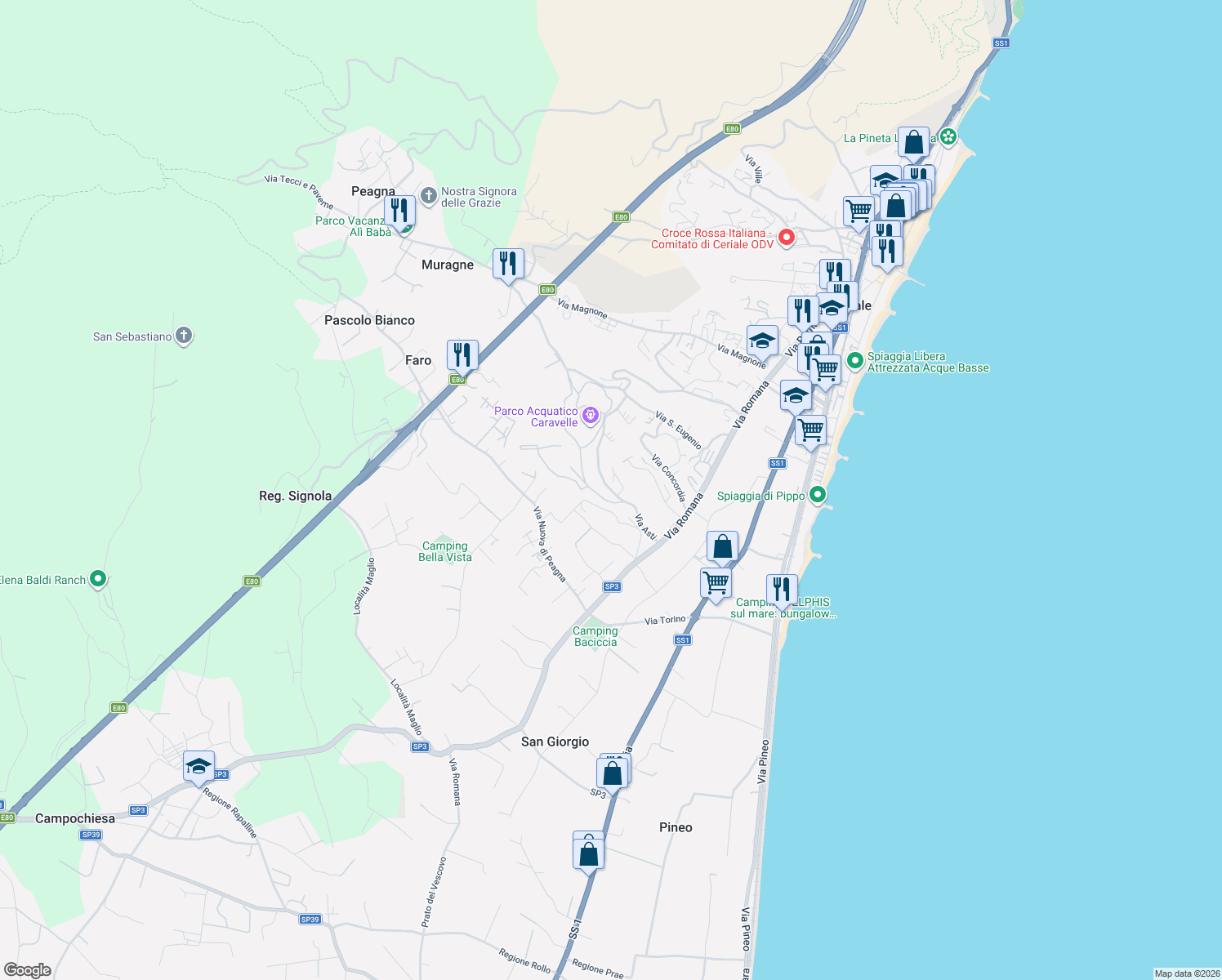 map of restaurants, bars, coffee shops, grocery stores, and more near 21 Via Asti in Ceriale