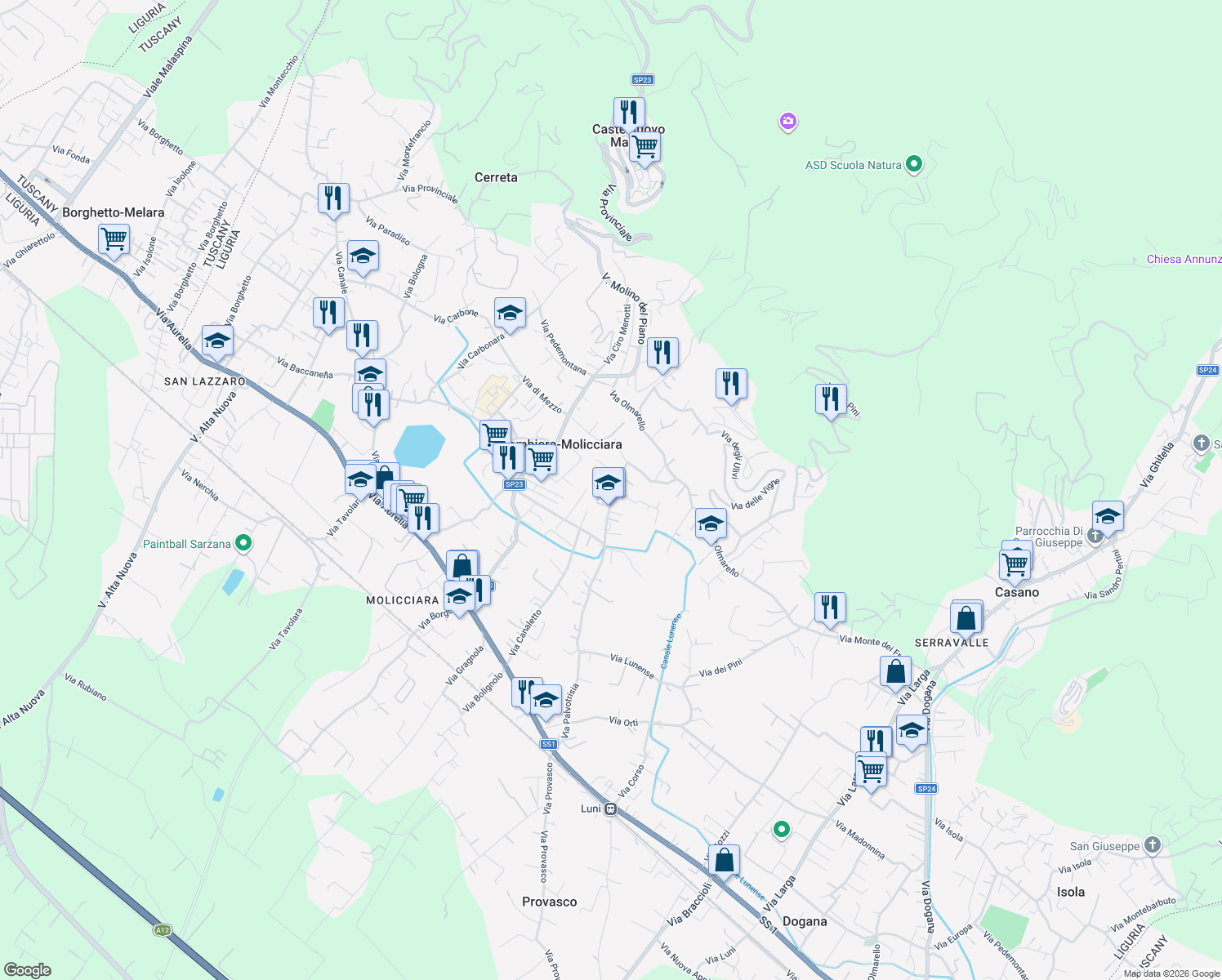 map of restaurants, bars, coffee shops, grocery stores, and more near 103 Via Palvotrisia in Colombiera-molicciara