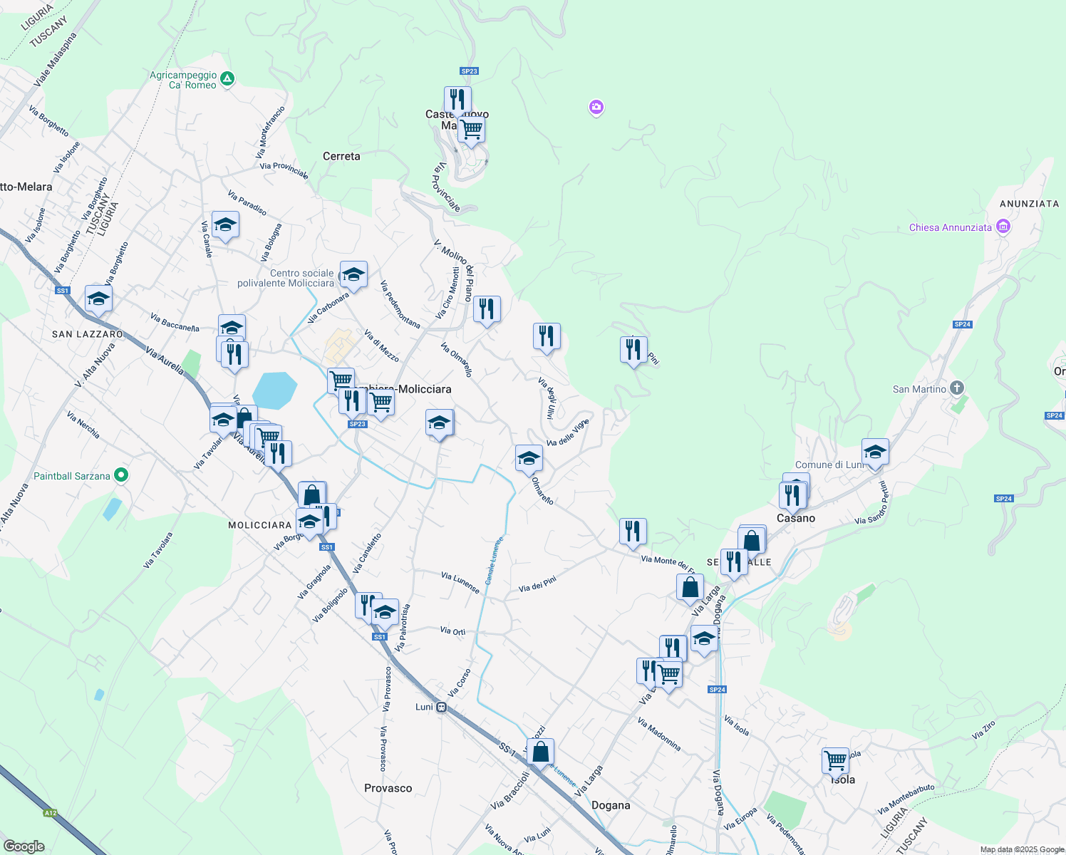 map of restaurants, bars, coffee shops, grocery stores, and more near 1 Via delle Vigne in Colombiera-Molicciara