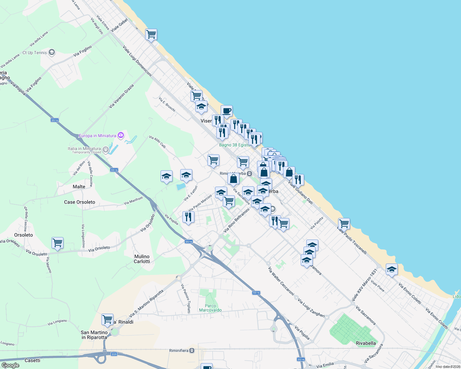 map of restaurants, bars, coffee shops, grocery stores, and more near 1-5 Via Sacramora in Rimini