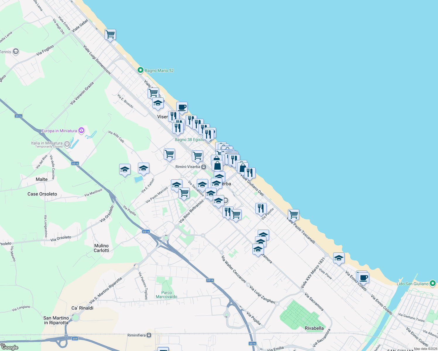 map of restaurants, bars, coffee shops, grocery stores, and more near 2 Via Petricari in Rimini