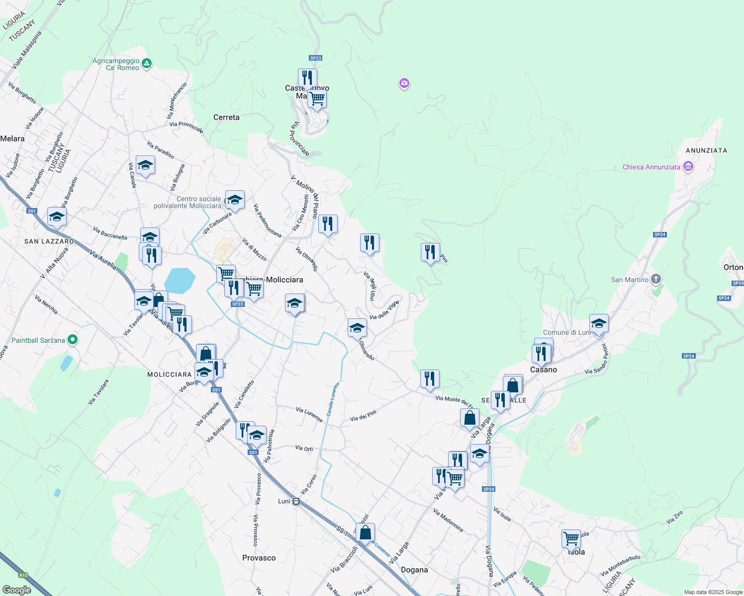 map of restaurants, bars, coffee shops, grocery stores, and more near 1 Via degli Ulivi in Provincia della Spezia