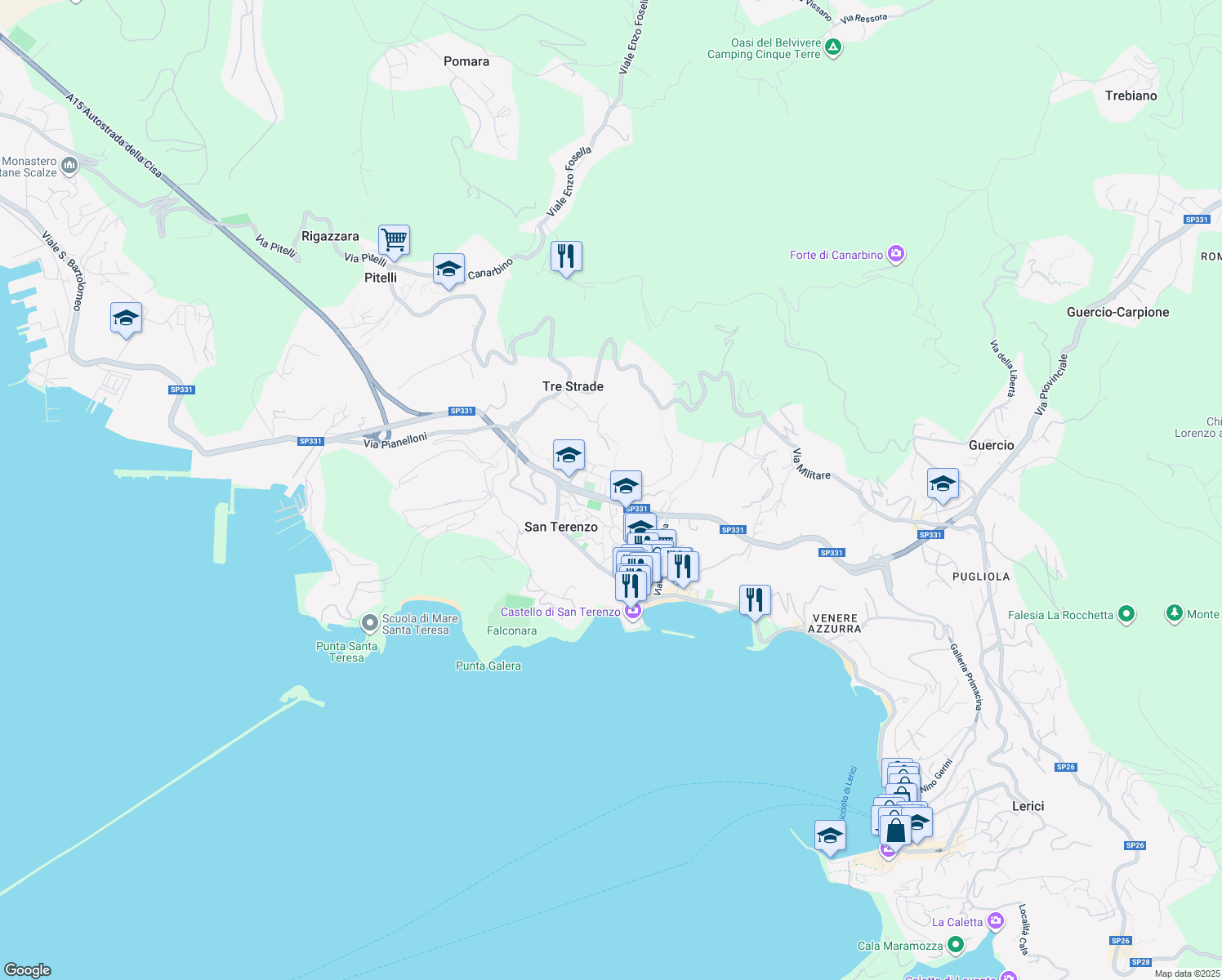 map of restaurants, bars, coffee shops, grocery stores, and more near 5 Località Lizzo in Lerici