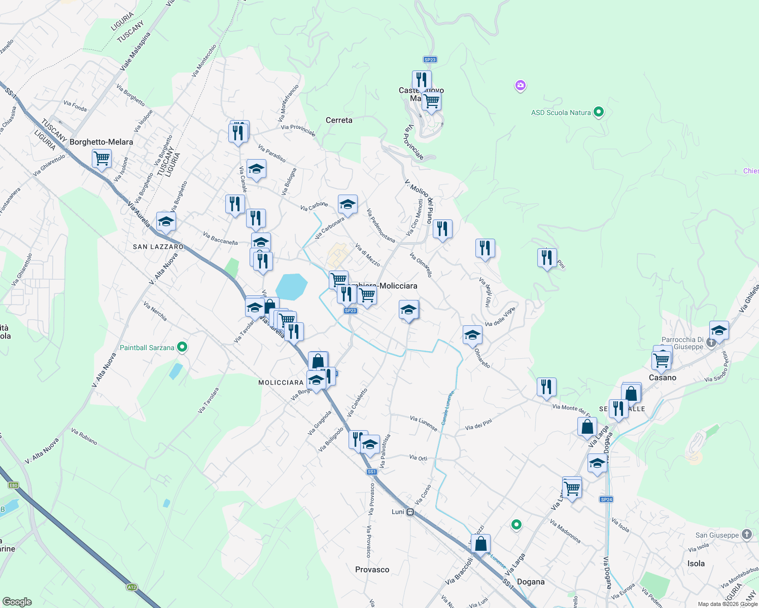 map of restaurants, bars, coffee shops, grocery stores, and more near 24 Via Salicello 1 Traversa in Colombiera-molicciara