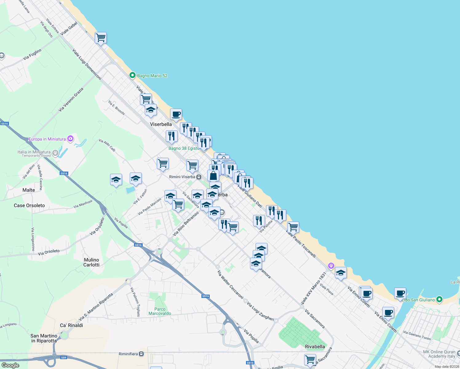 map of restaurants, bars, coffee shops, grocery stores, and more near 57 Viale Giuliano Dati in Rimini