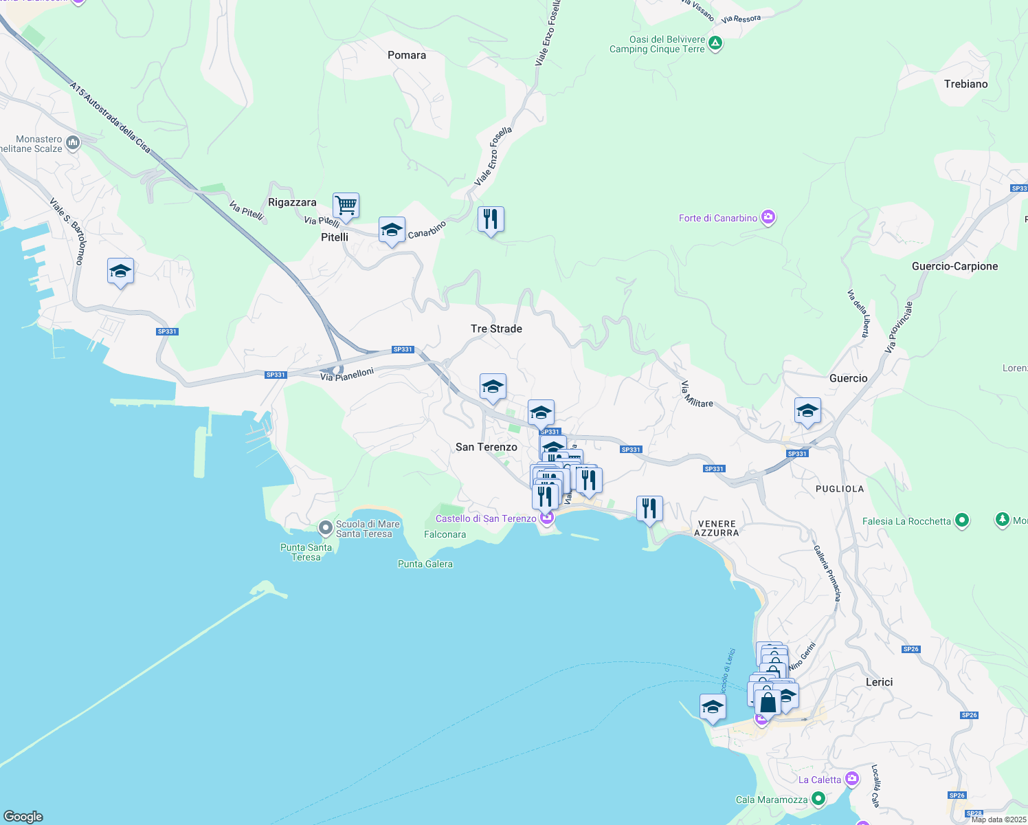 map of restaurants, bars, coffee shops, grocery stores, and more near 9 Via Gozzano in Lerici