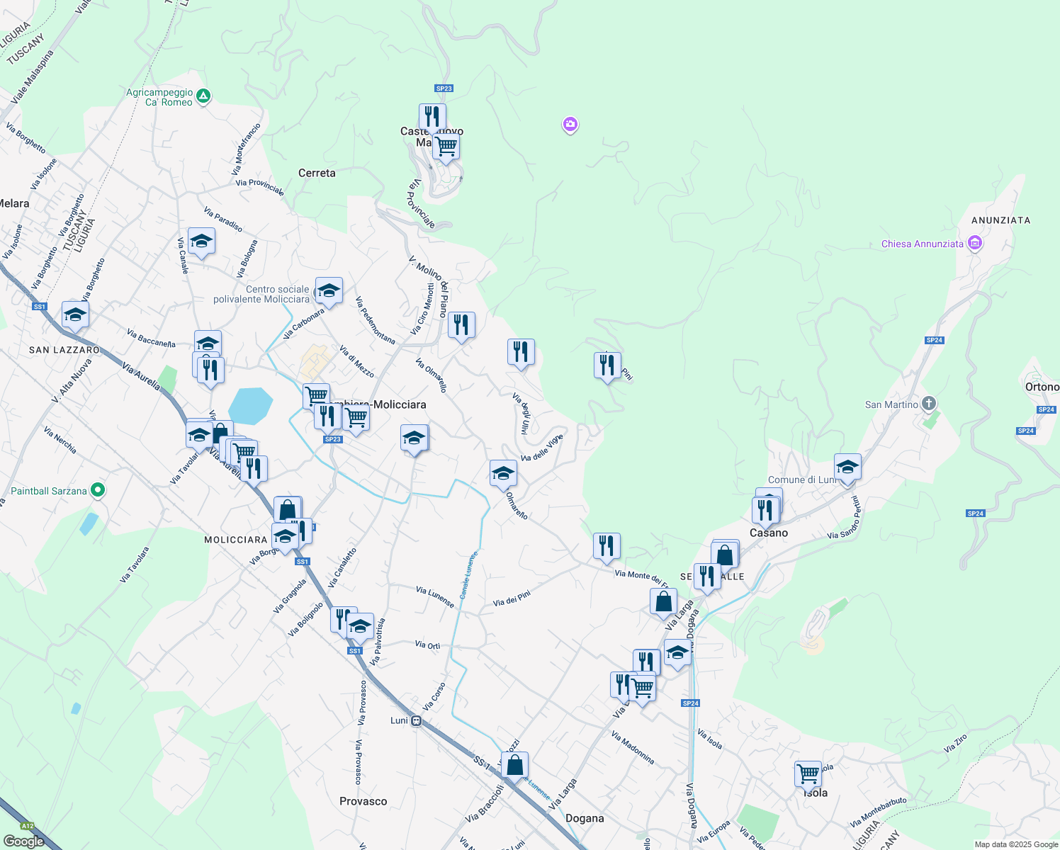 map of restaurants, bars, coffee shops, grocery stores, and more near 1 Via degli Ulivi in Colombiera-Molicciara