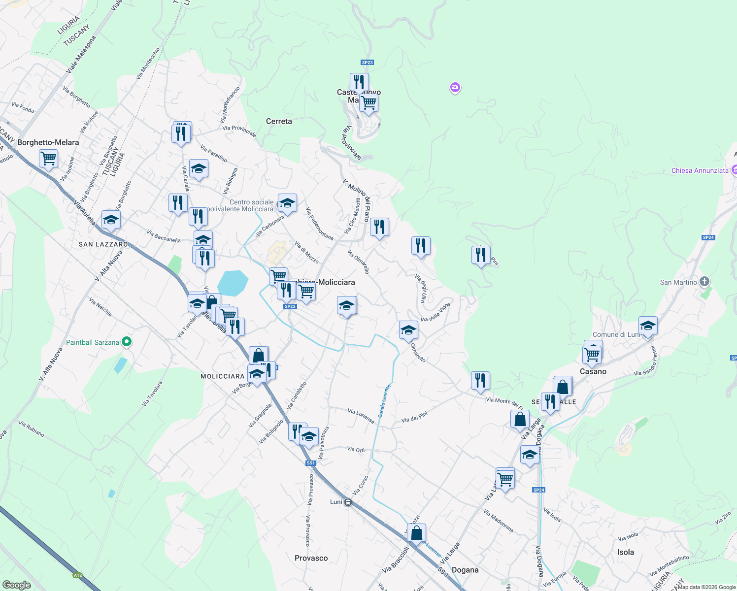 map of restaurants, bars, coffee shops, grocery stores, and more near 2 Via Tagliata in Colombiera-Molicciara