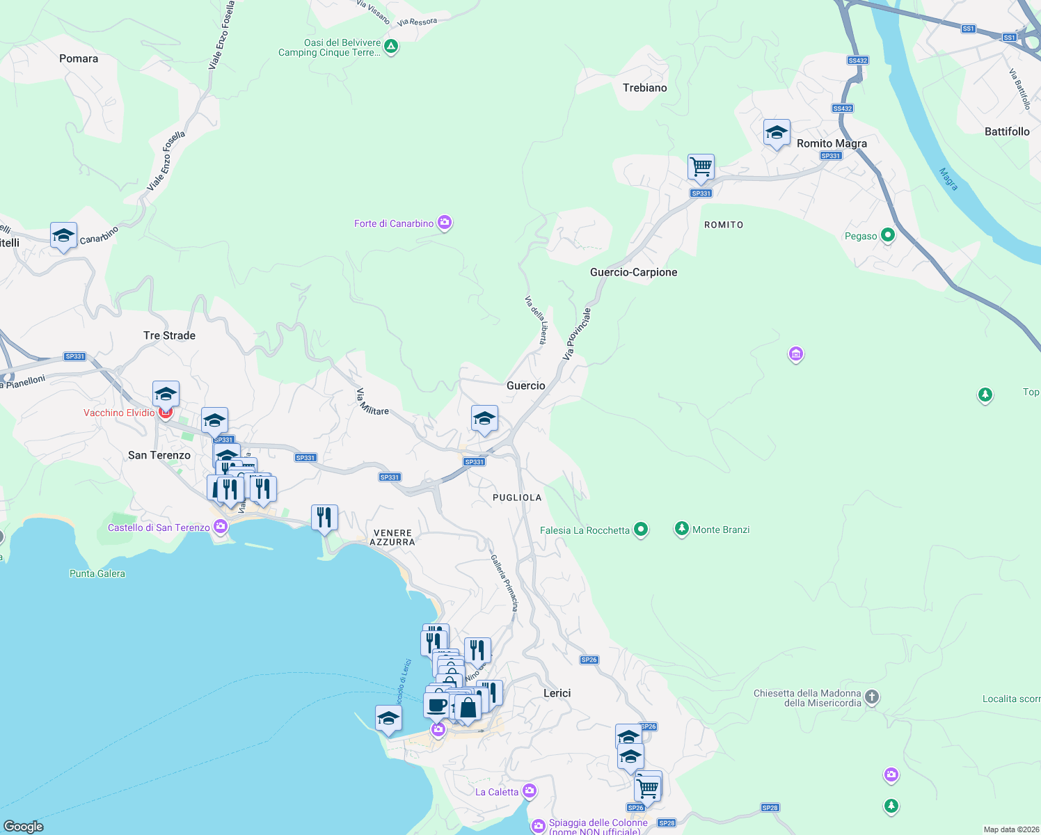 map of restaurants, bars, coffee shops, grocery stores, and more near Strada Provinciale 331 in Guercio
