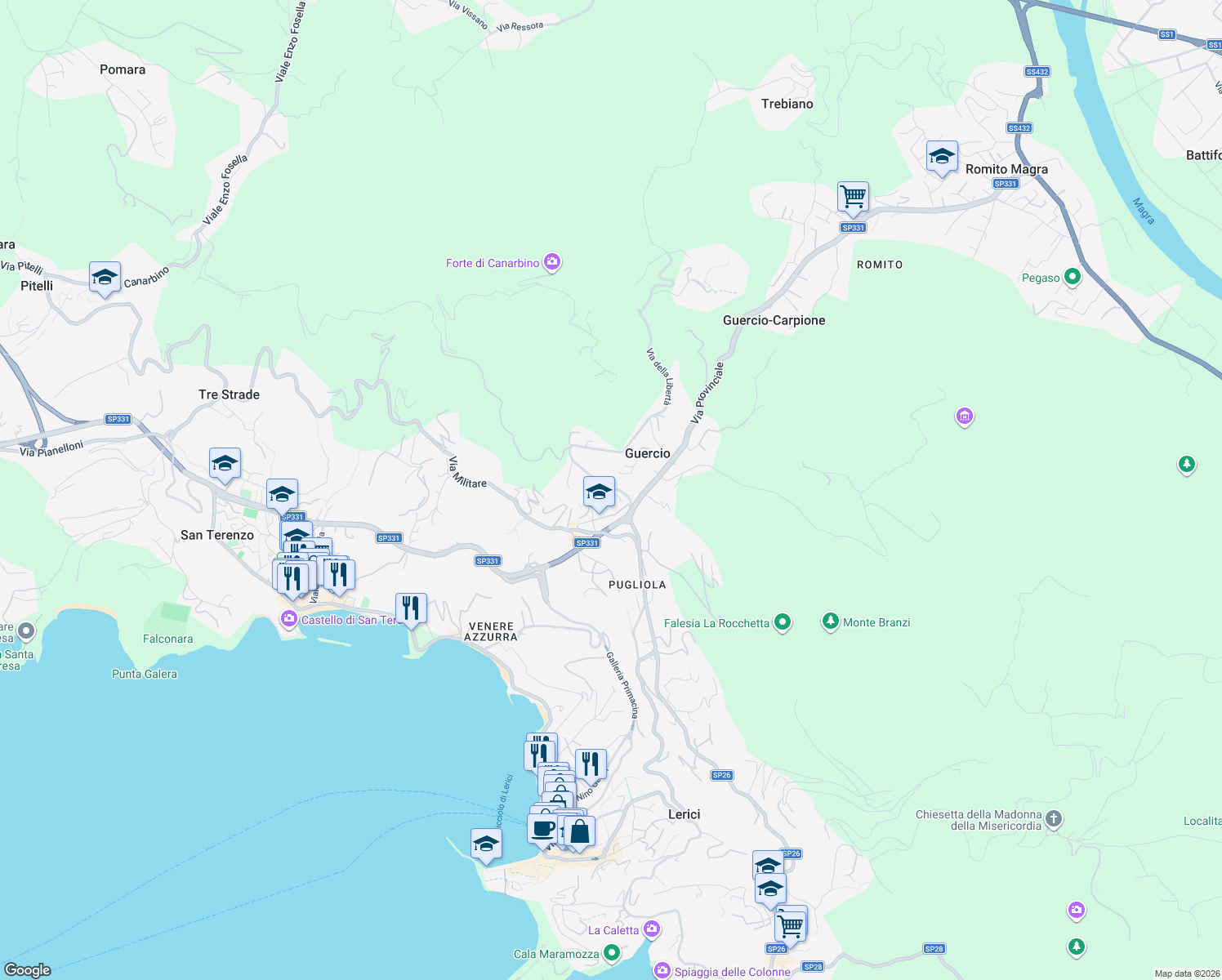 map of restaurants, bars, coffee shops, grocery stores, and more near 3 Località Guercio I Traversa in Lerici