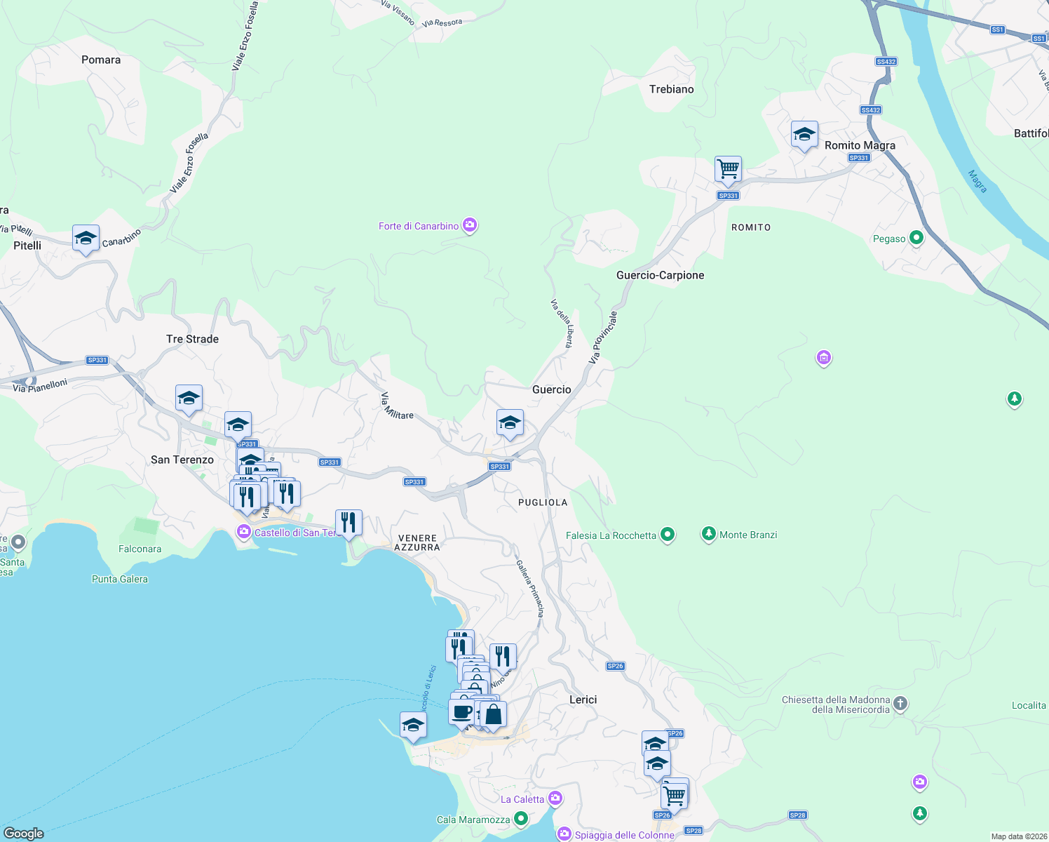 map of restaurants, bars, coffee shops, grocery stores, and more near 3 Località Guercio I Traversa in Lerici