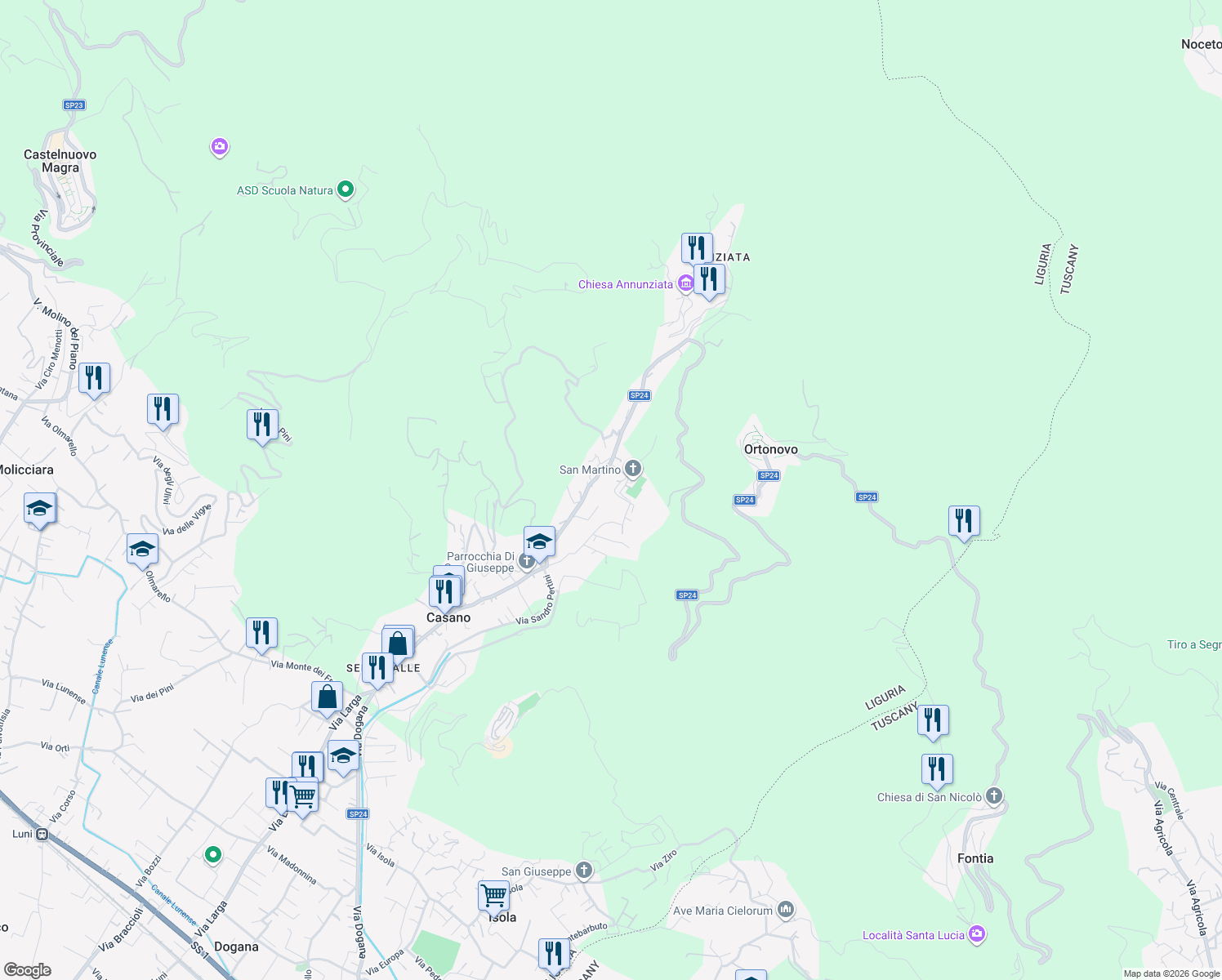 map of restaurants, bars, coffee shops, grocery stores, and more near 20 Via San Martino in Casano
