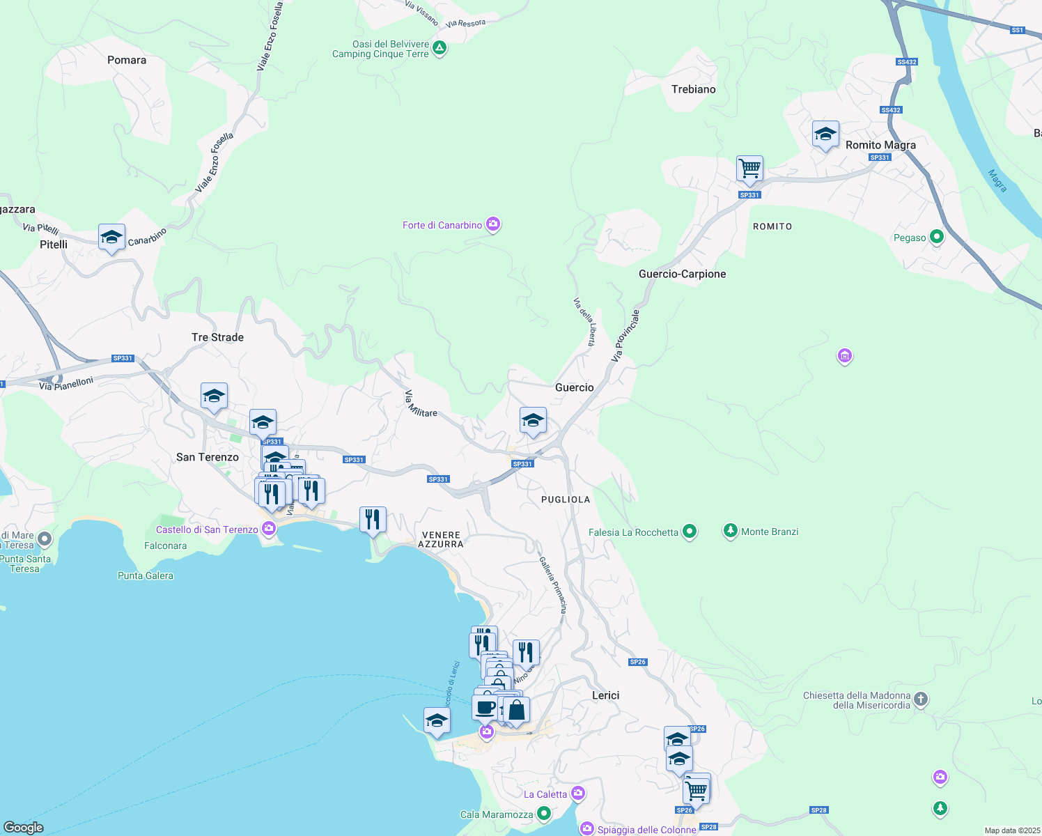 map of restaurants, bars, coffee shops, grocery stores, and more near 81 Via B. Gazzoli in Lerici