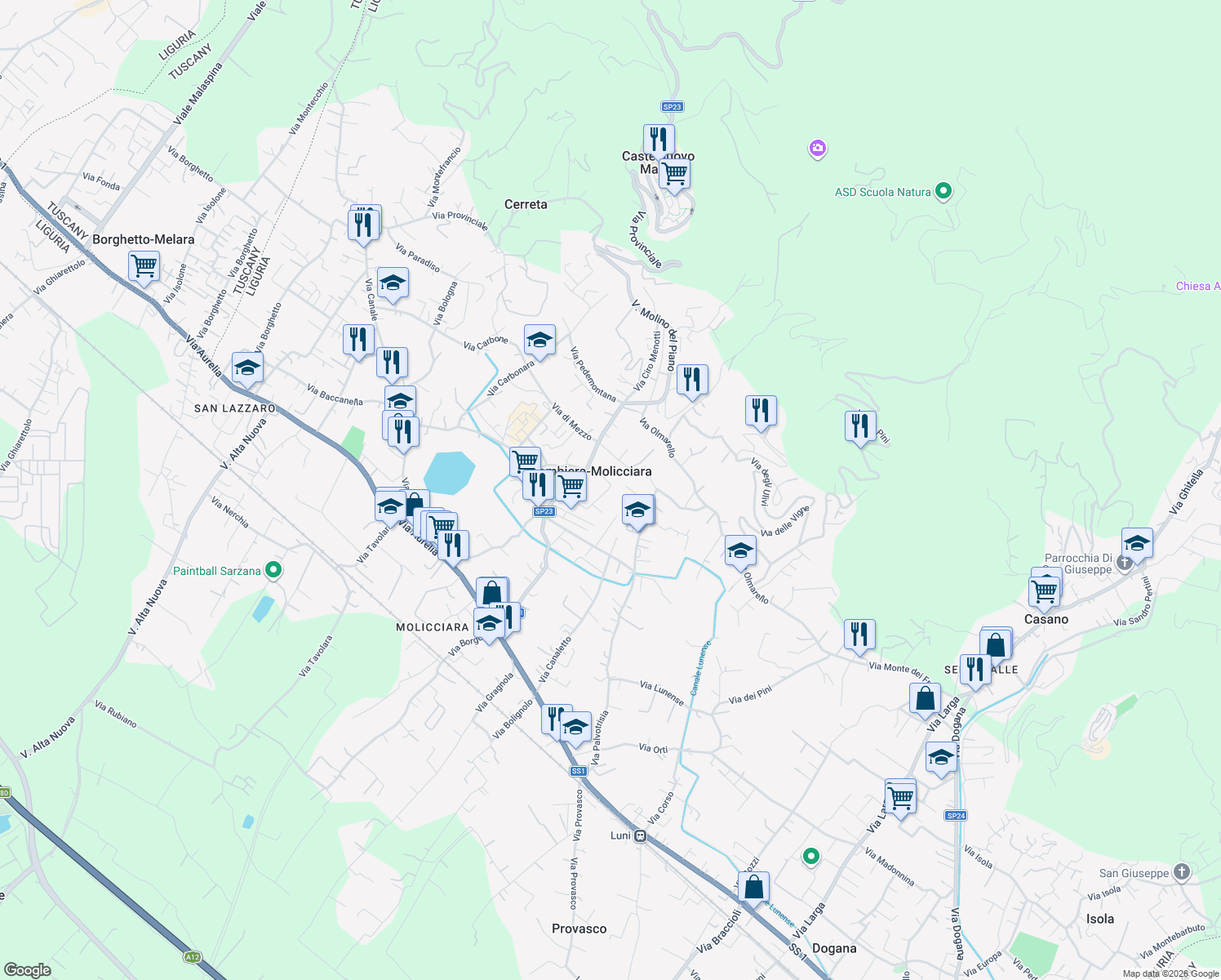 map of restaurants, bars, coffee shops, grocery stores, and more near 24 Via Salicello 1 Traversa in Colombiera-Molicciara