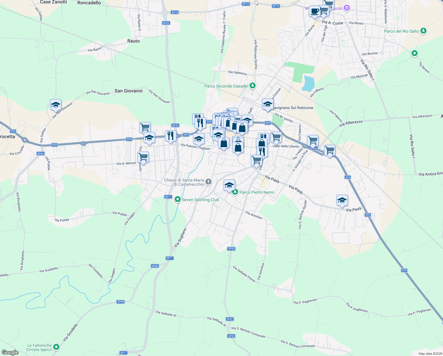map of restaurants, bars, coffee shops, grocery stores, and more near 18 Via Sogliano in Savignano sul Rubicone