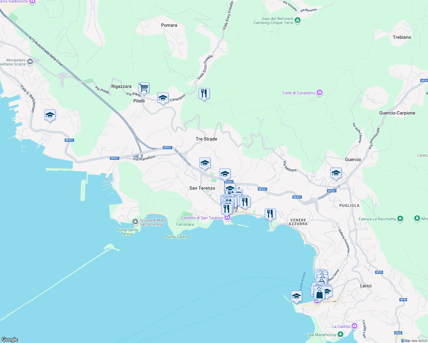 map of restaurants, bars, coffee shops, grocery stores, and more near 9 Via Gozzano in Lerici