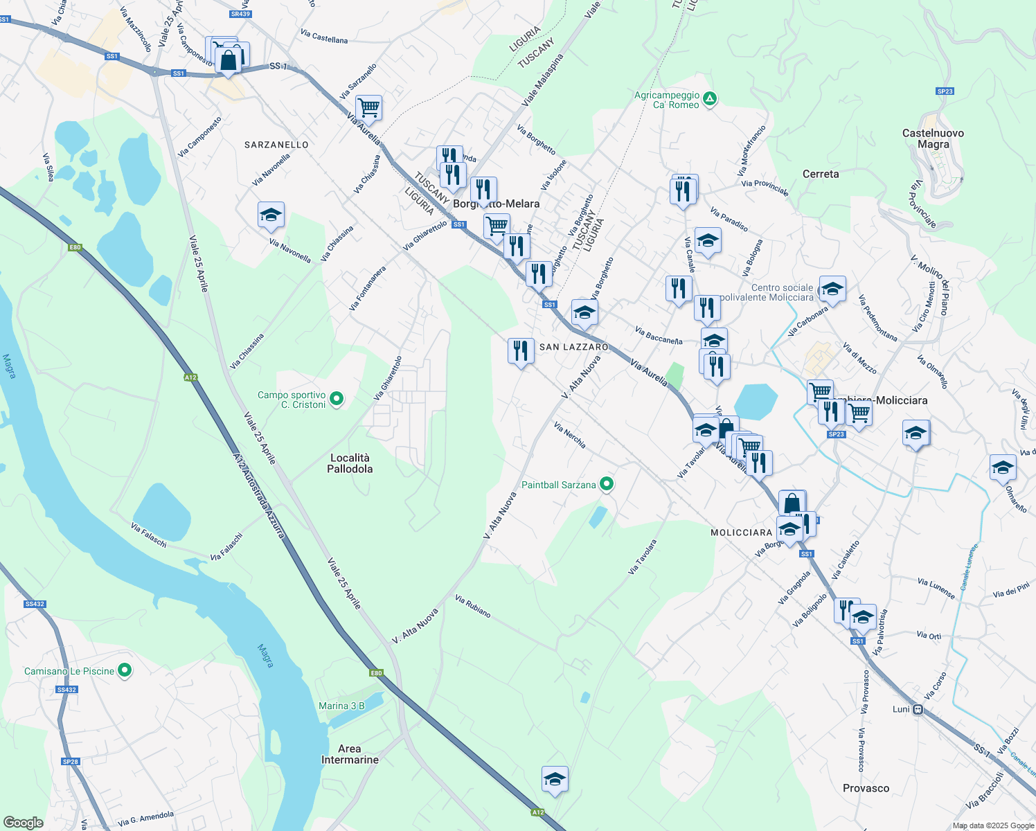 map of restaurants, bars, coffee shops, grocery stores, and more near 117 Via Alta in Sarzana
