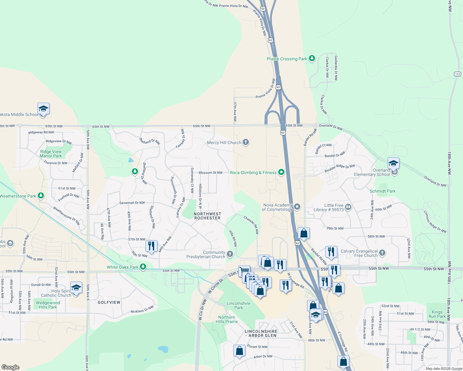 map of restaurants, bars, coffee shops, grocery stores, and more near 6126 Jonathan Lane Northwest in Rochester