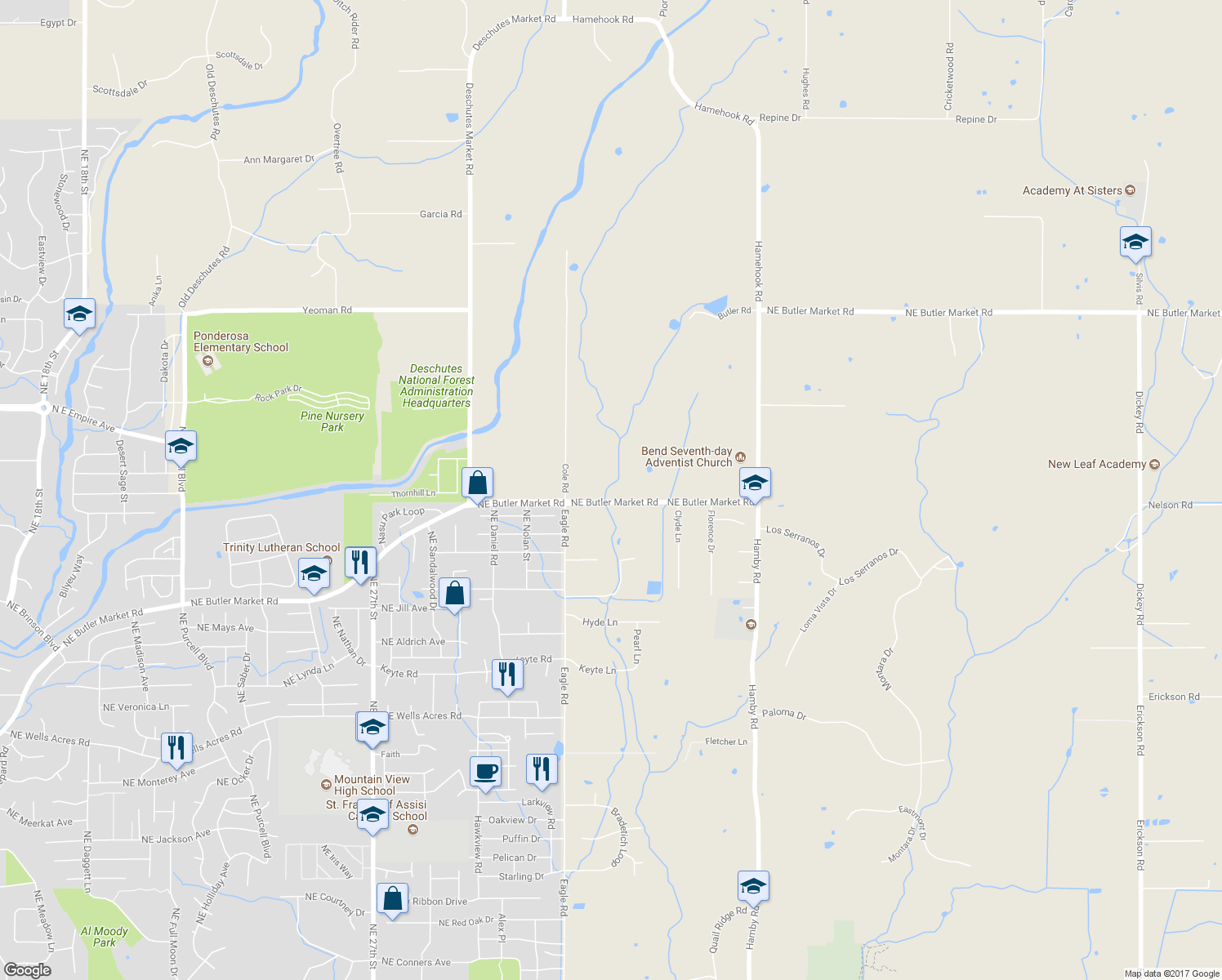 map of restaurants, bars, coffee shops, grocery stores, and more near 21444 Northeast Butler Market Road in Bend