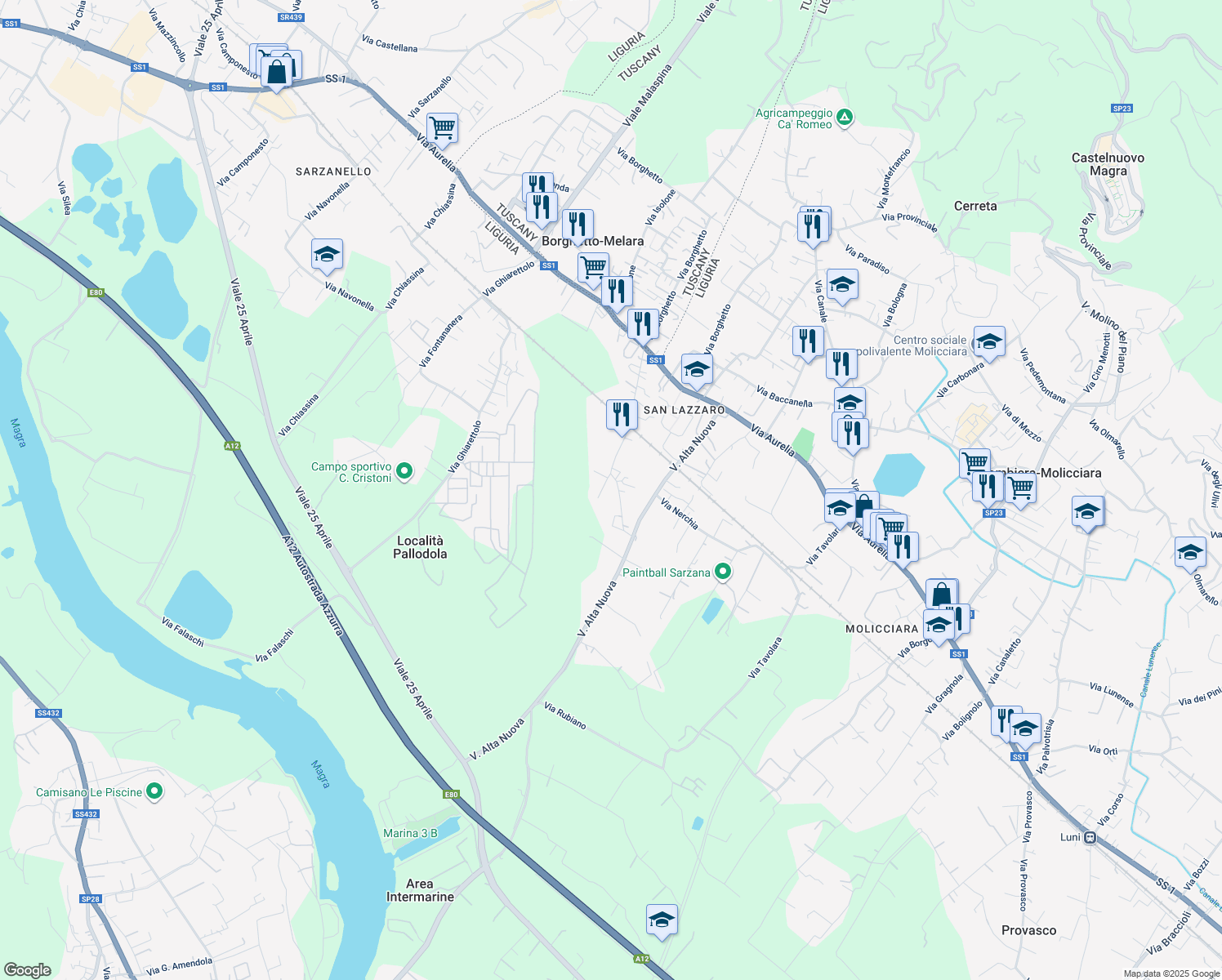 map of restaurants, bars, coffee shops, grocery stores, and more near 117 Via Alta Vecchia in Sarzana